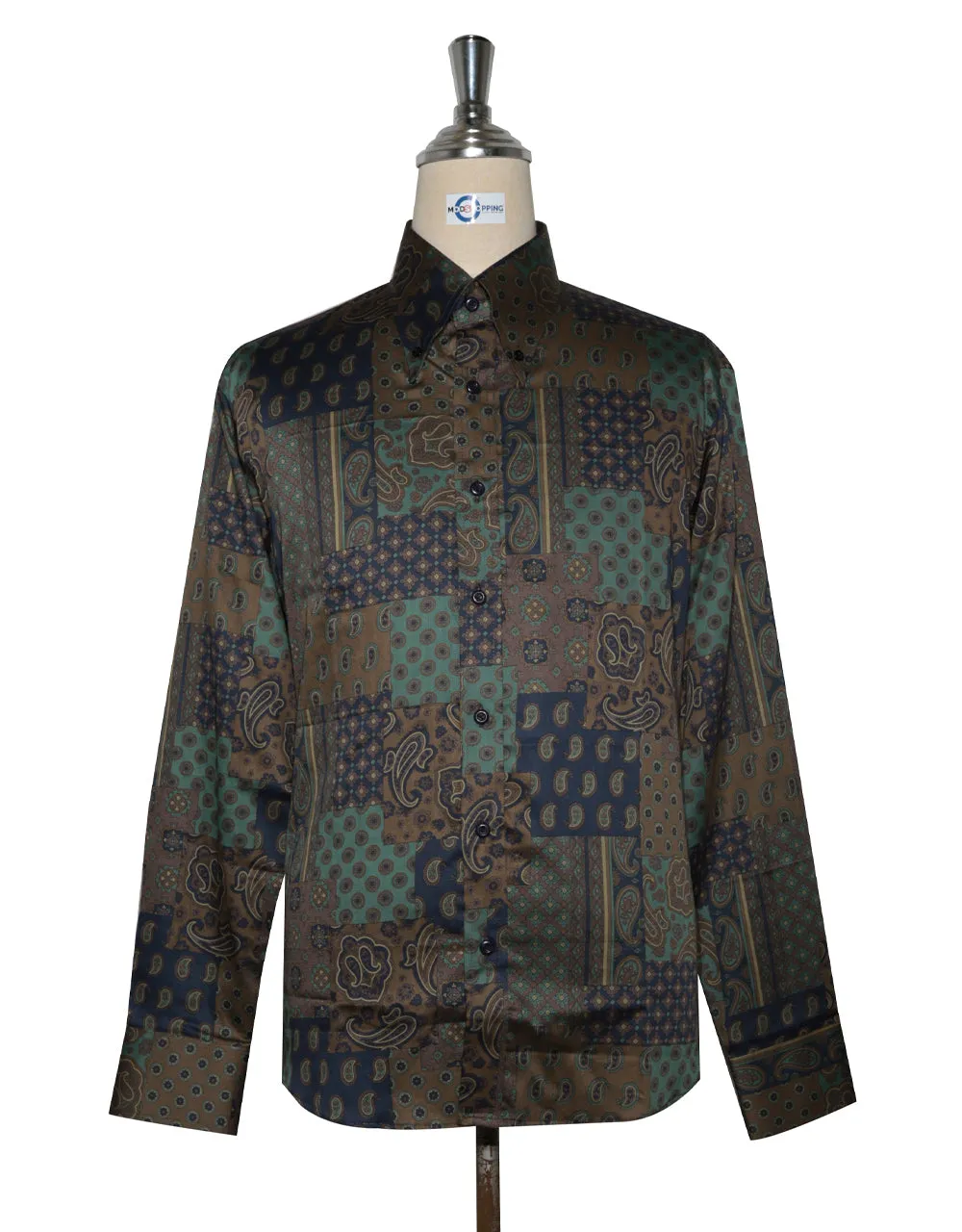 60s Style Brown, Olive Green and Navy Blue Paisley  Shirt