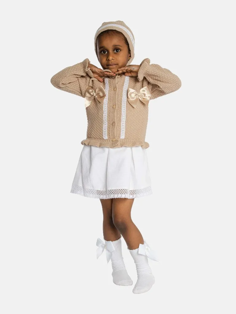 Baby Girl Cardigan & Bonnet Set - Beige/Tan