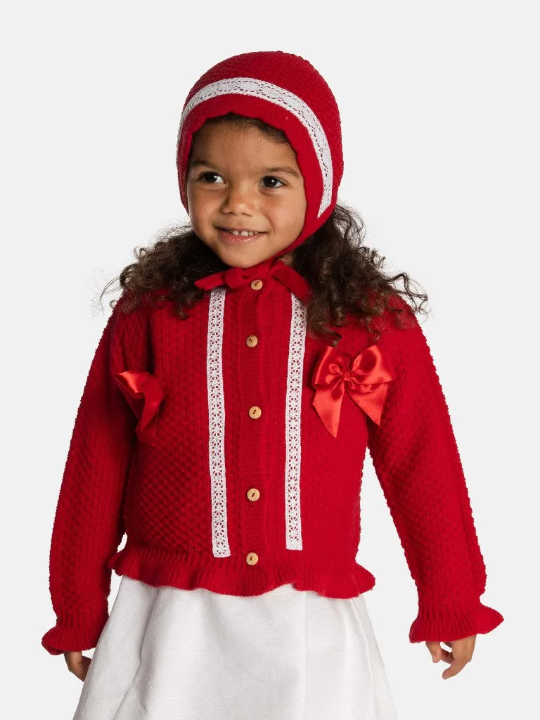 Baby Girl Cardigan & Bonnet Set - Red