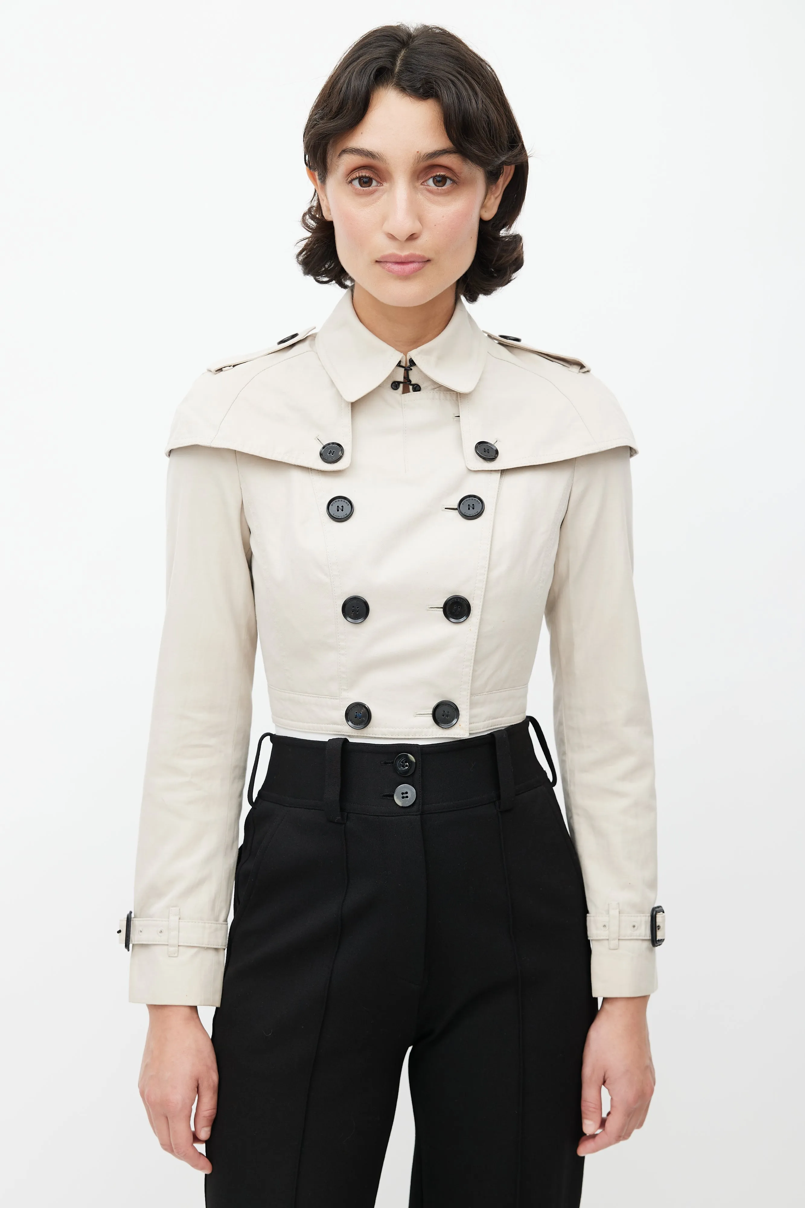 Beige Double Breasted Cropped Trench Coat