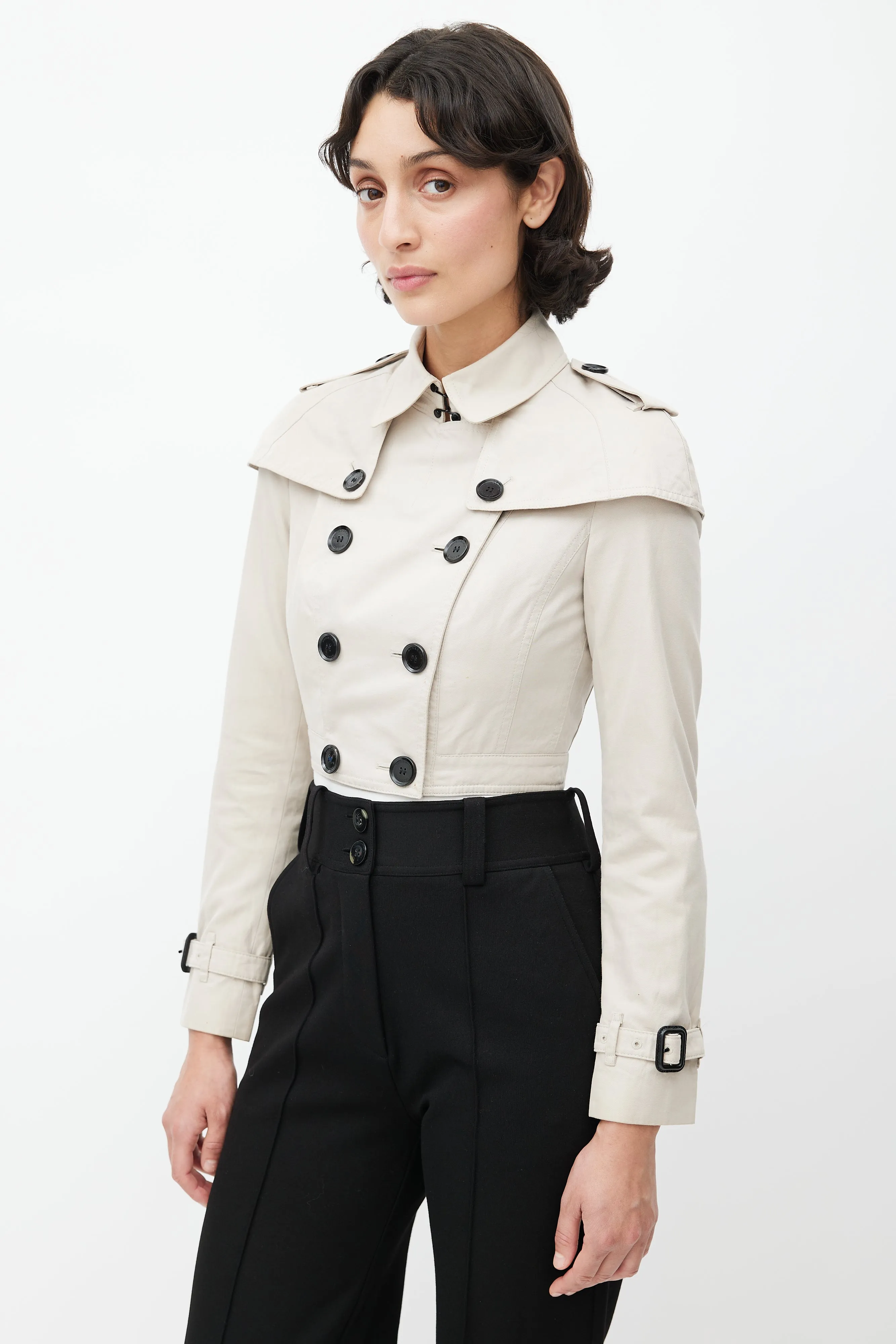 Beige Double Breasted Cropped Trench Coat