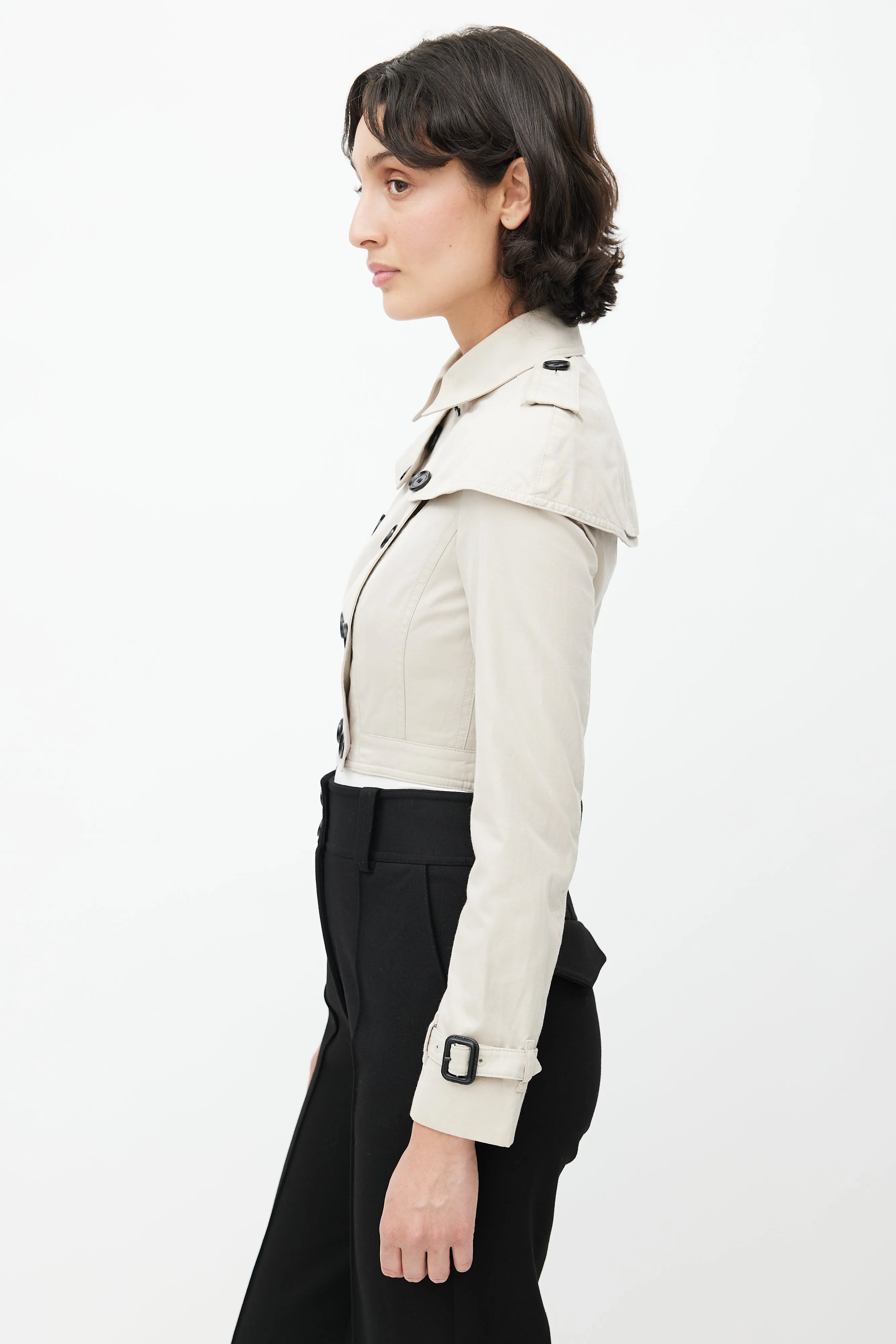 Beige Double Breasted Cropped Trench Coat