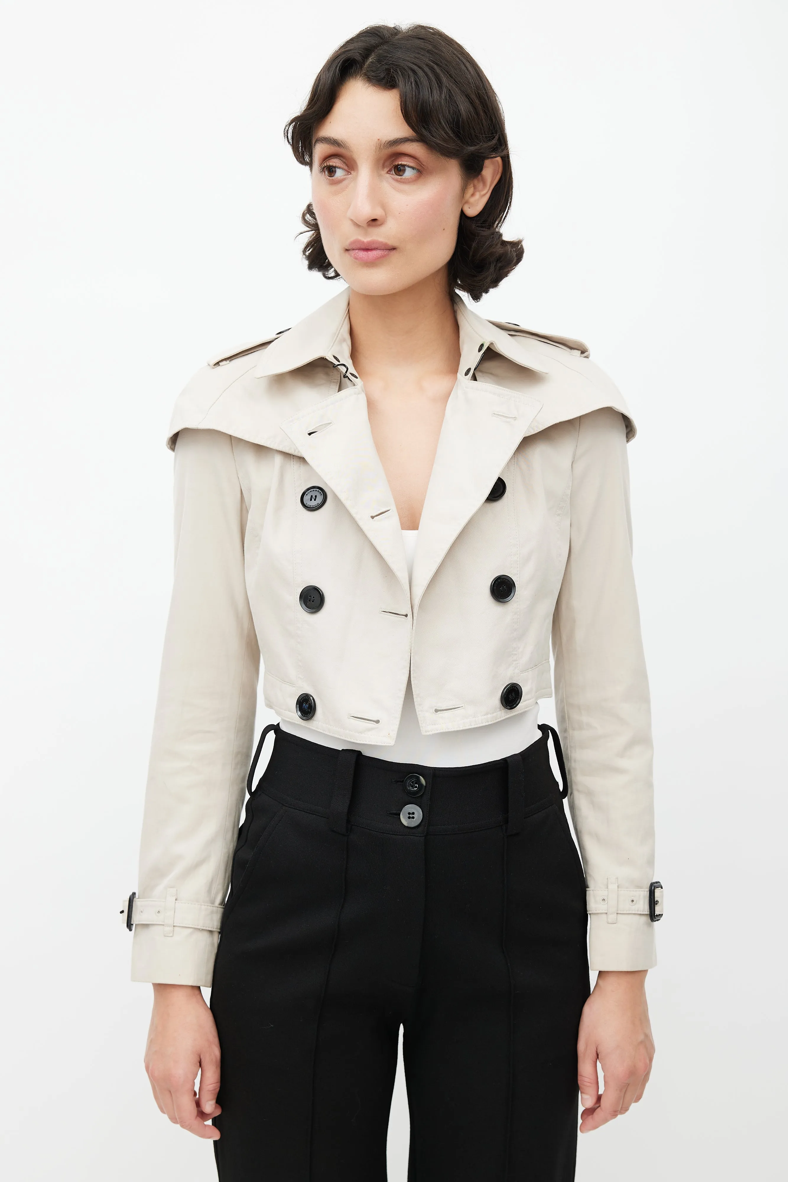 Beige Double Breasted Cropped Trench Coat