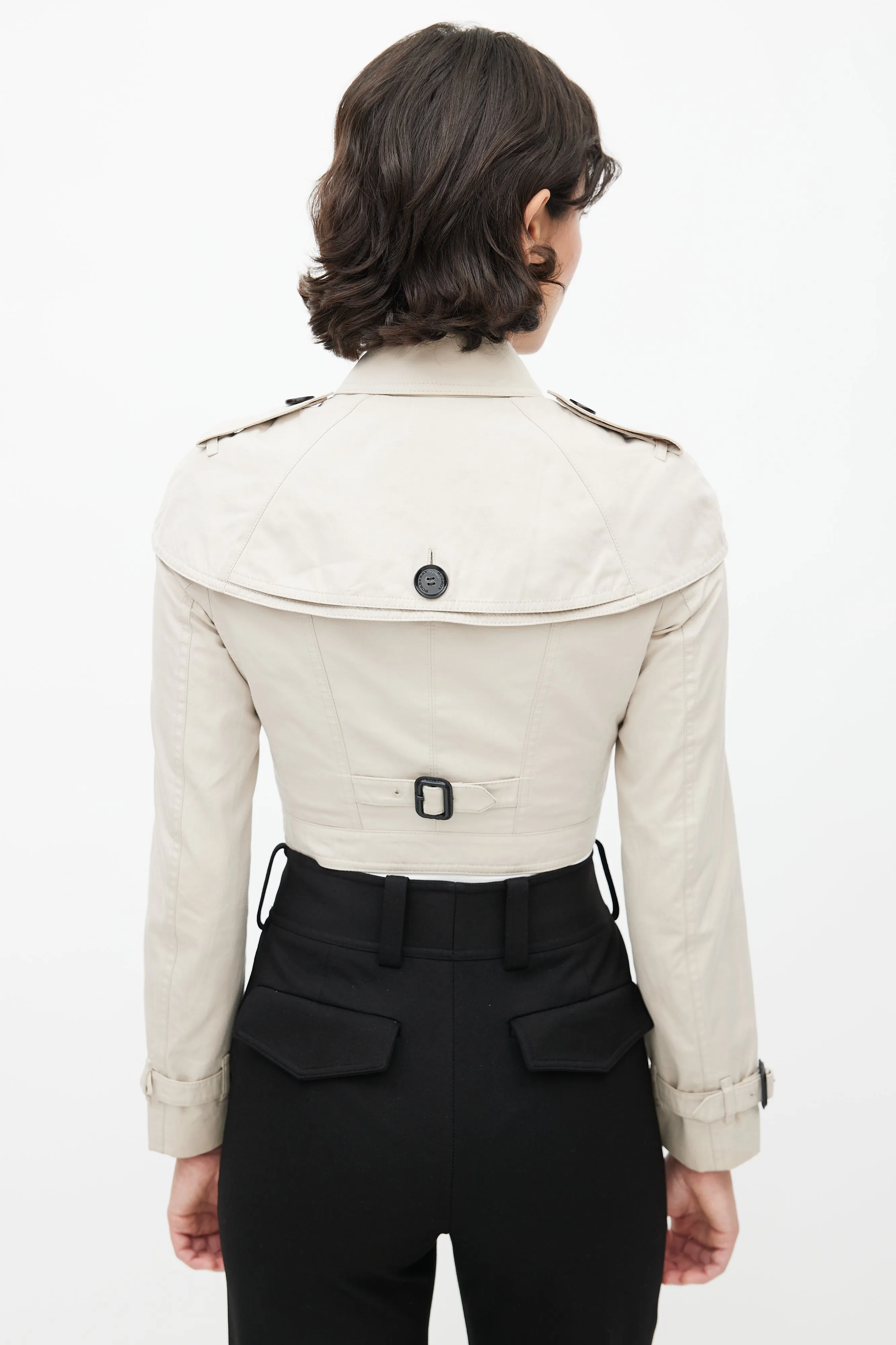 Beige Double Breasted Cropped Trench Coat