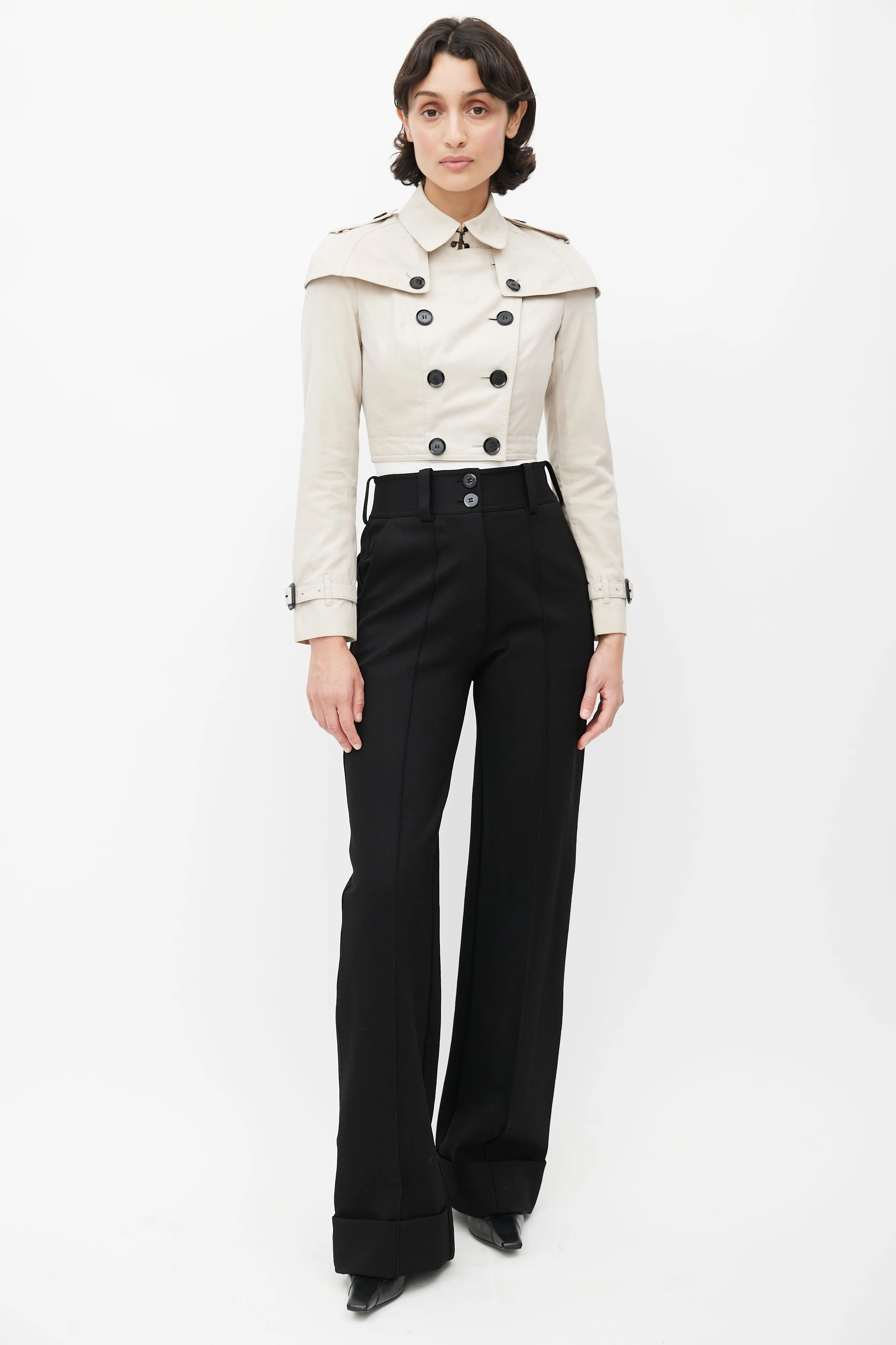 Beige Double Breasted Cropped Trench Coat