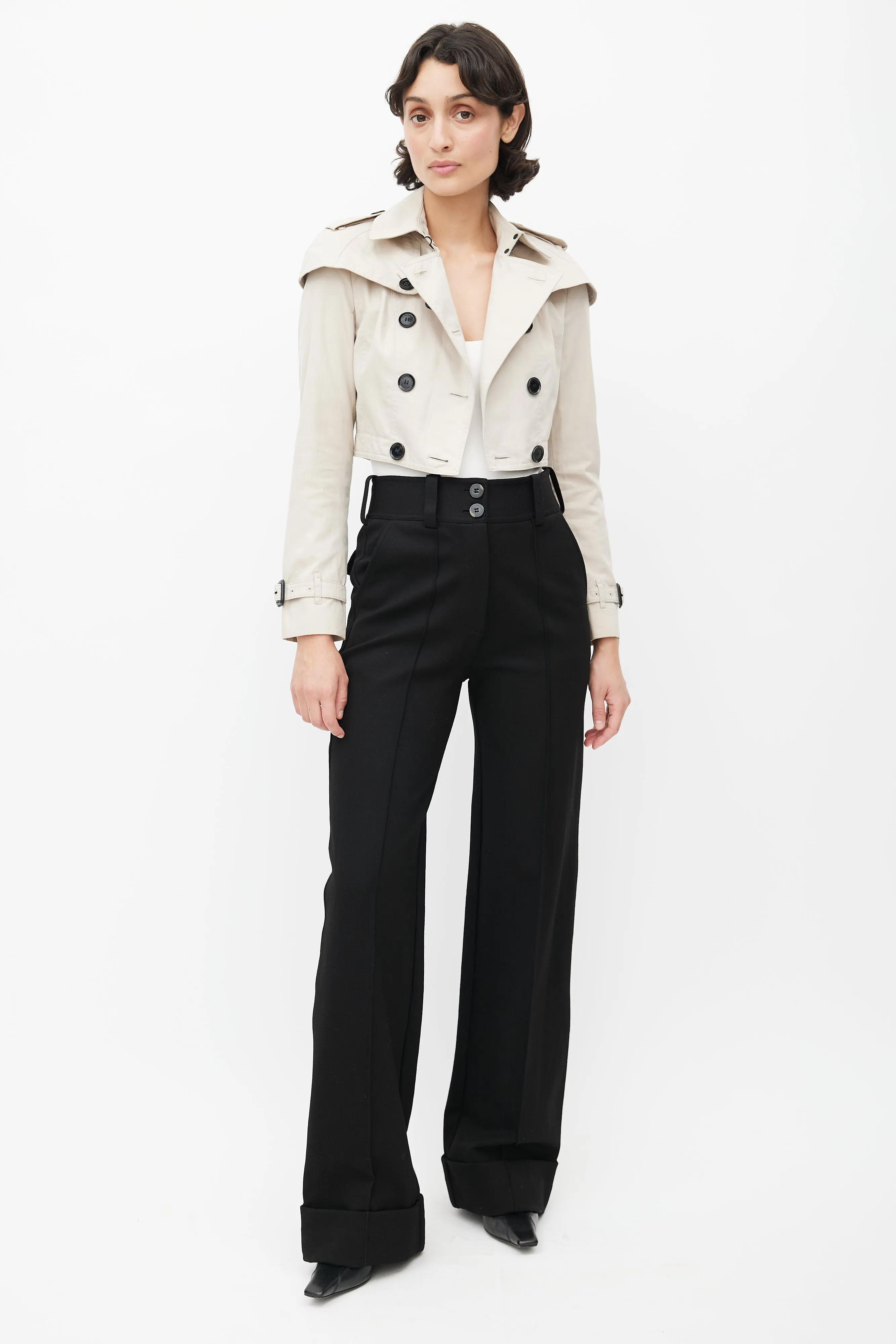 Beige Double Breasted Cropped Trench Coat
