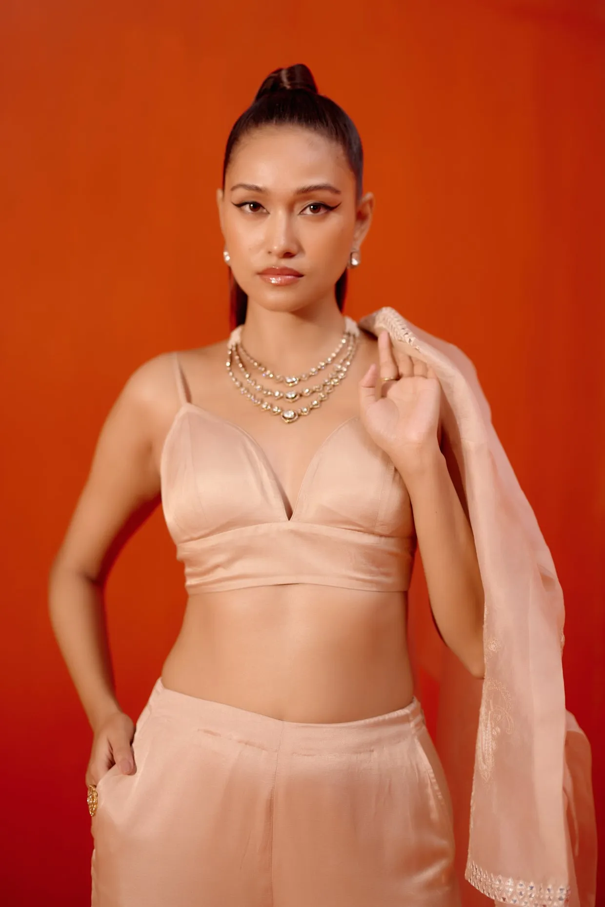 Beige Embroidered Cape and Pant Set
