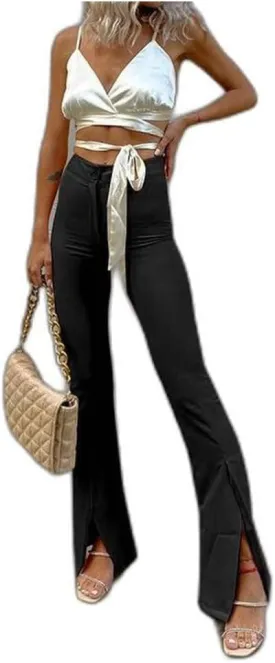 Bell Bottoms Jean Pants for Women, Kick Pleat Stylish Leg Hem Slits Personality Trousers, Solid Flare Leggings Pants