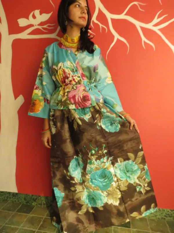 Brown Floral A-line Drawstring Skirt