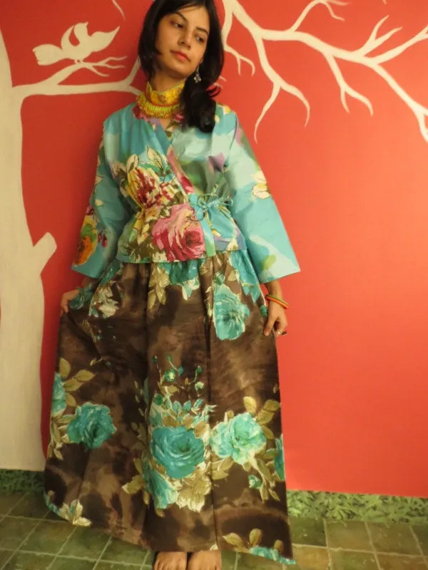 Brown Floral A-line Drawstring Skirt