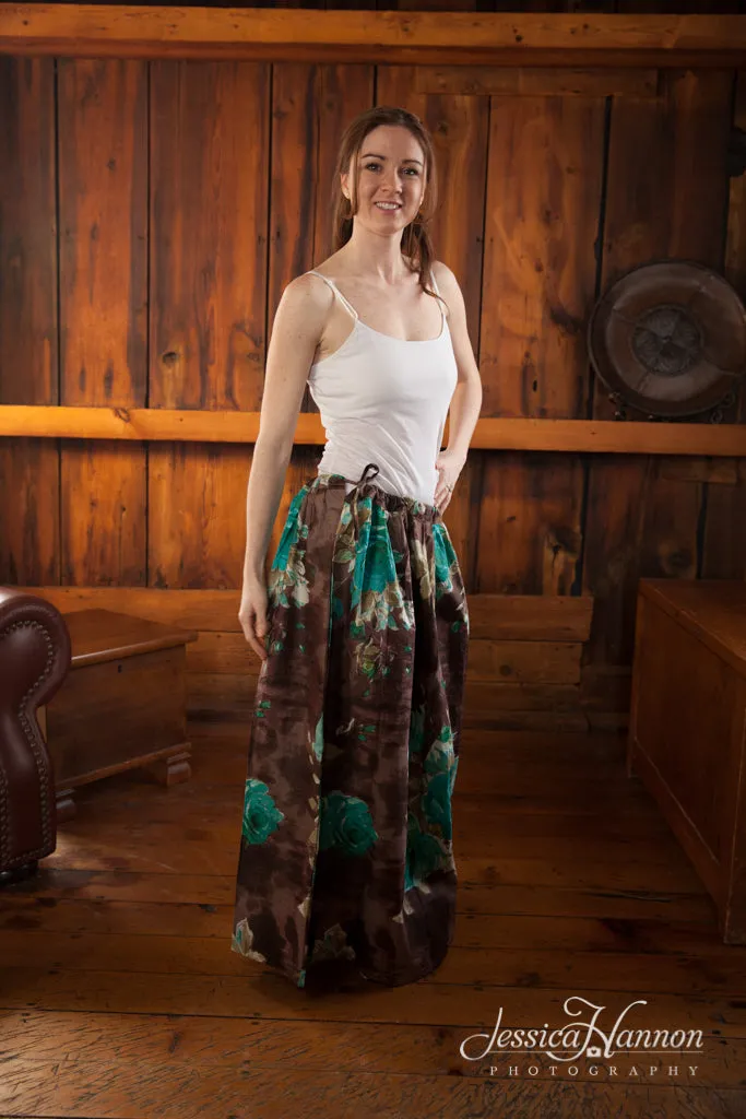 Brown Floral A-line Drawstring Skirt