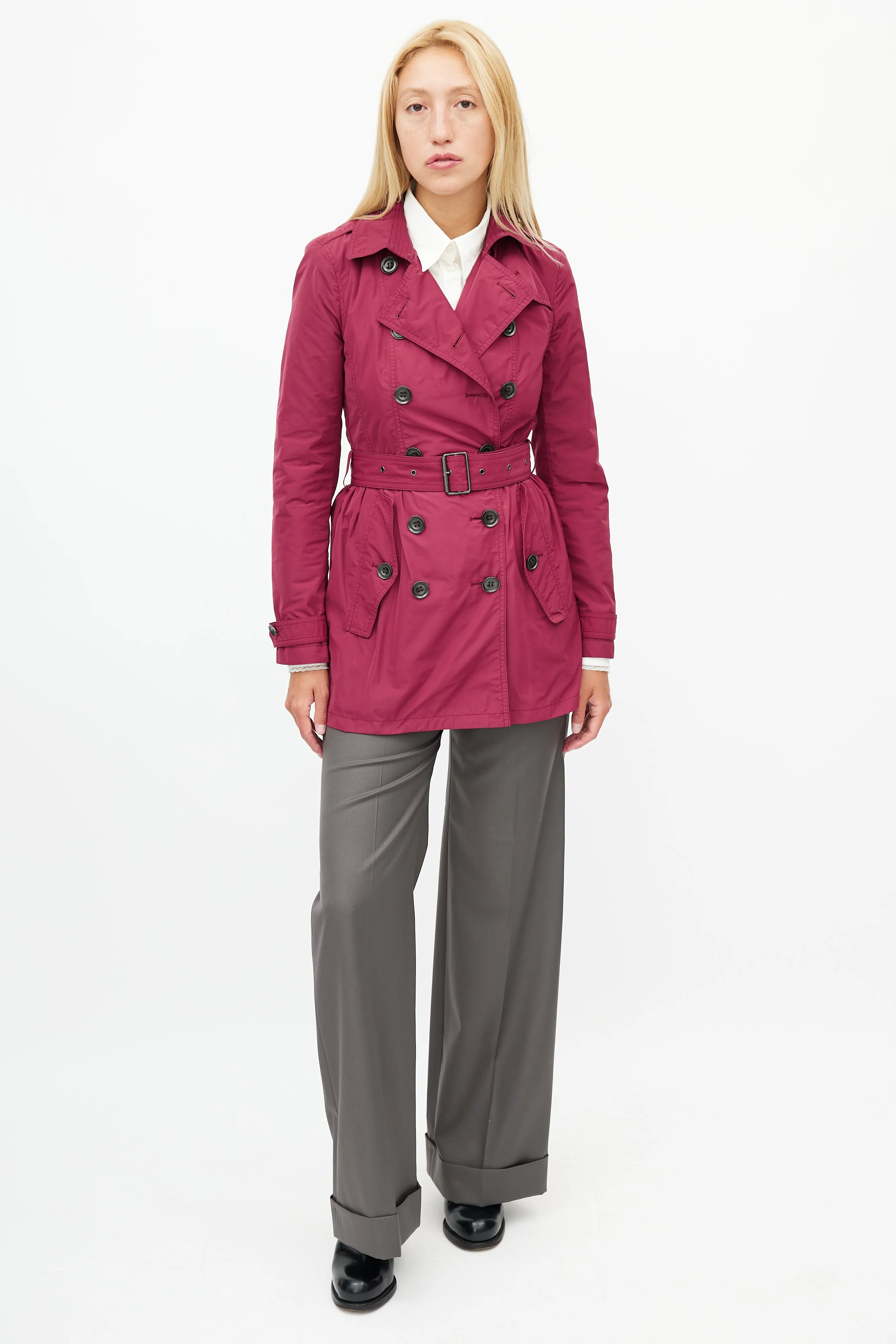 Burgundy Nylon Belted Trench Coat