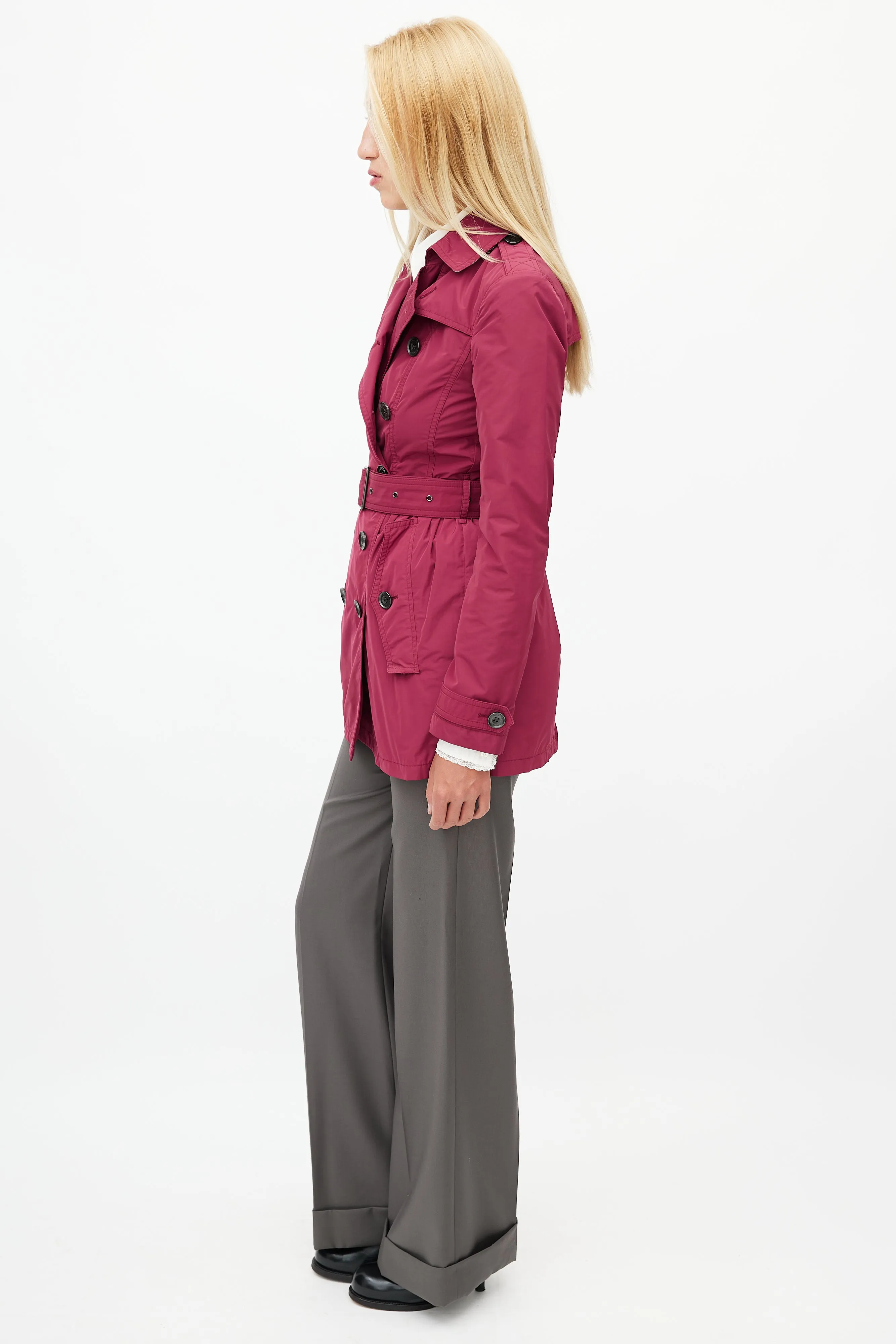 Burgundy Nylon Belted Trench Coat