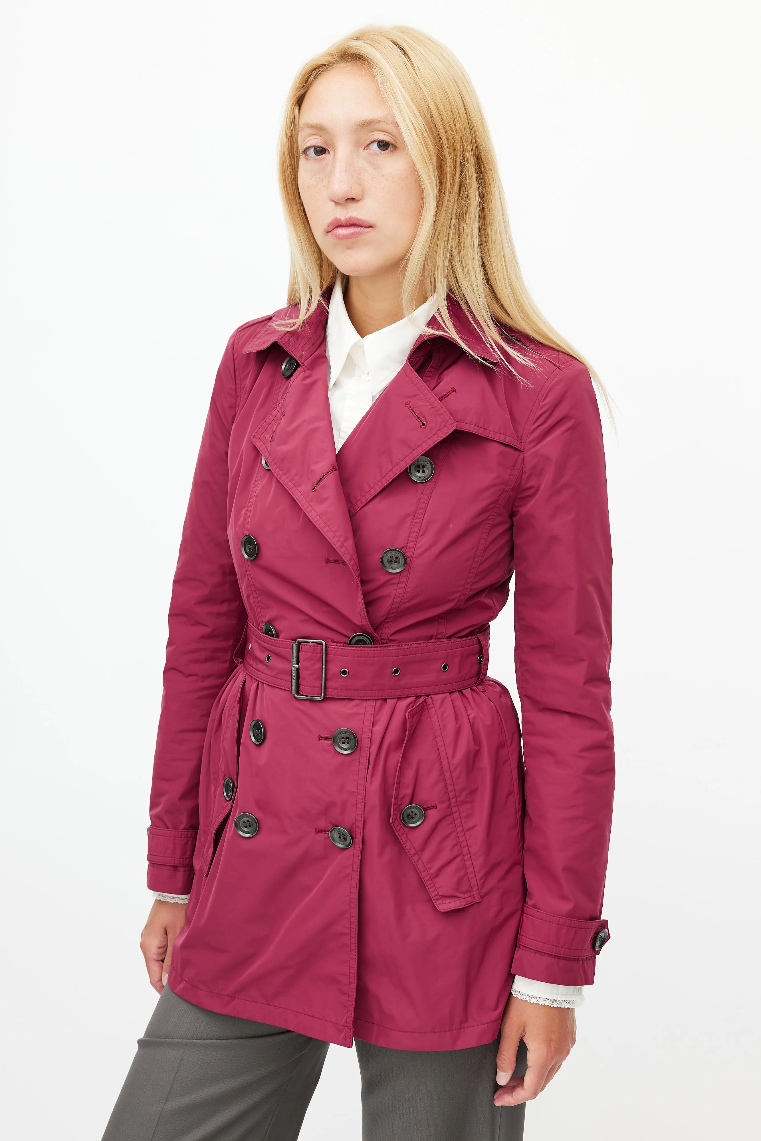 Burgundy Nylon Belted Trench Coat