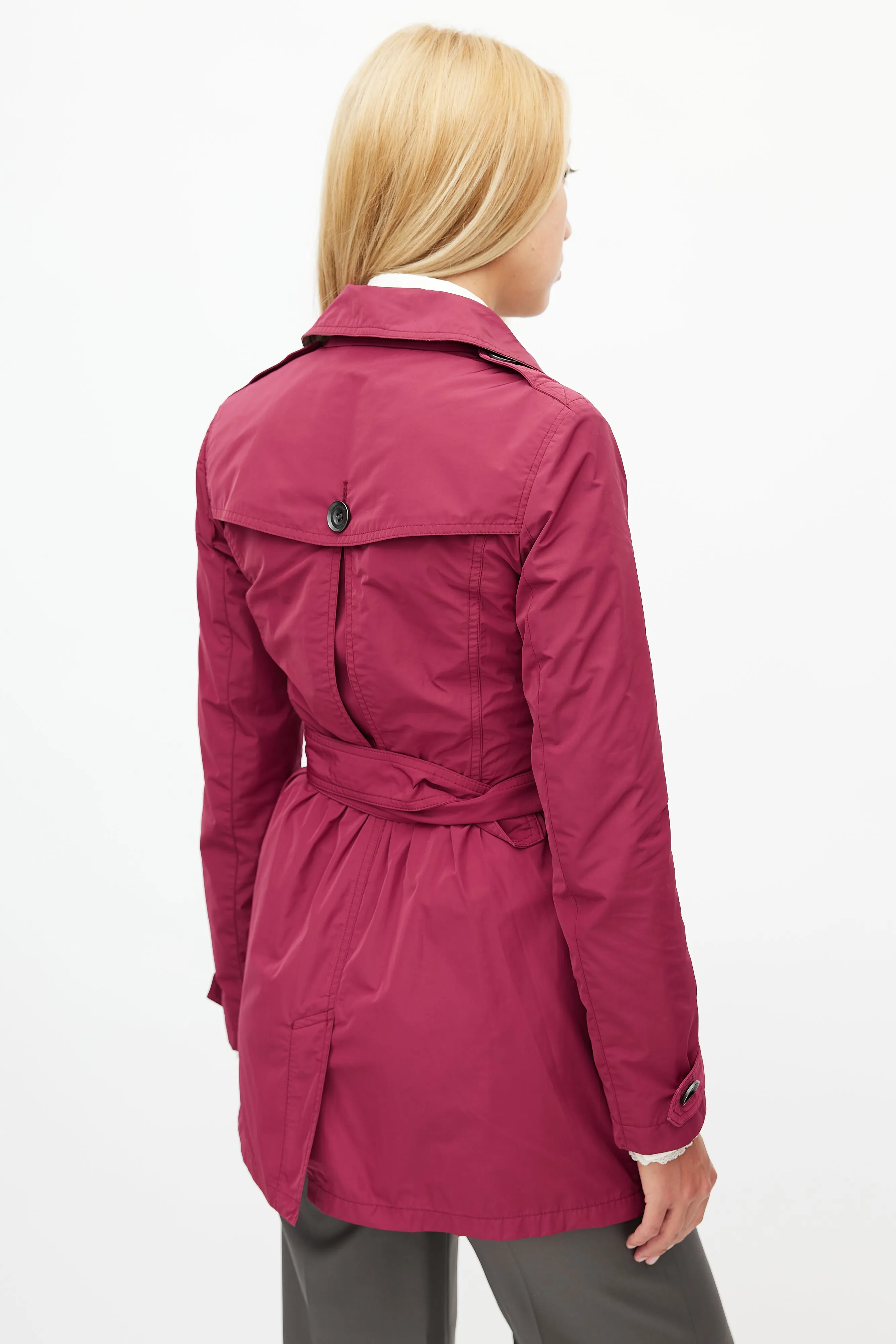 Burgundy Nylon Belted Trench Coat