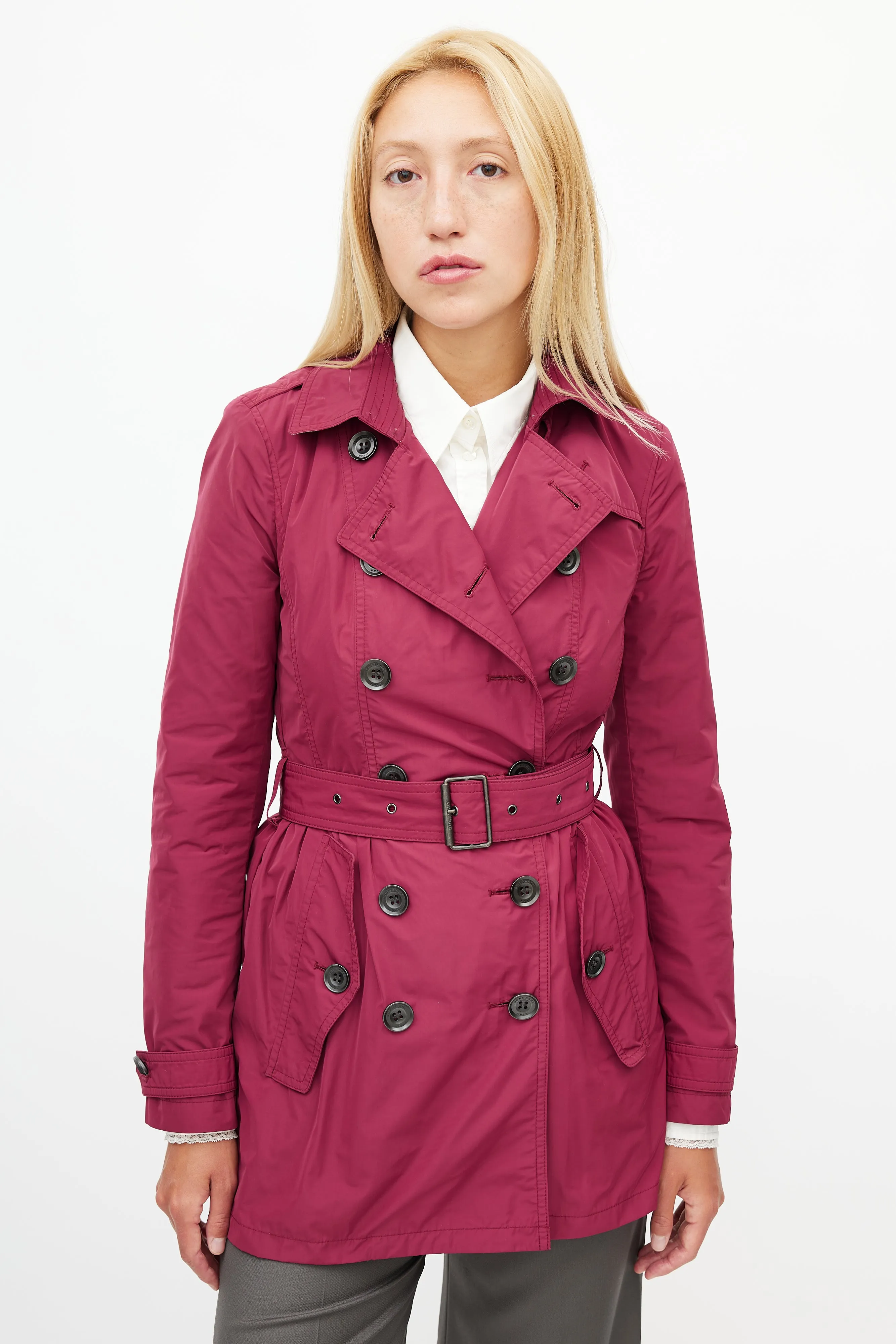 Burgundy Nylon Belted Trench Coat