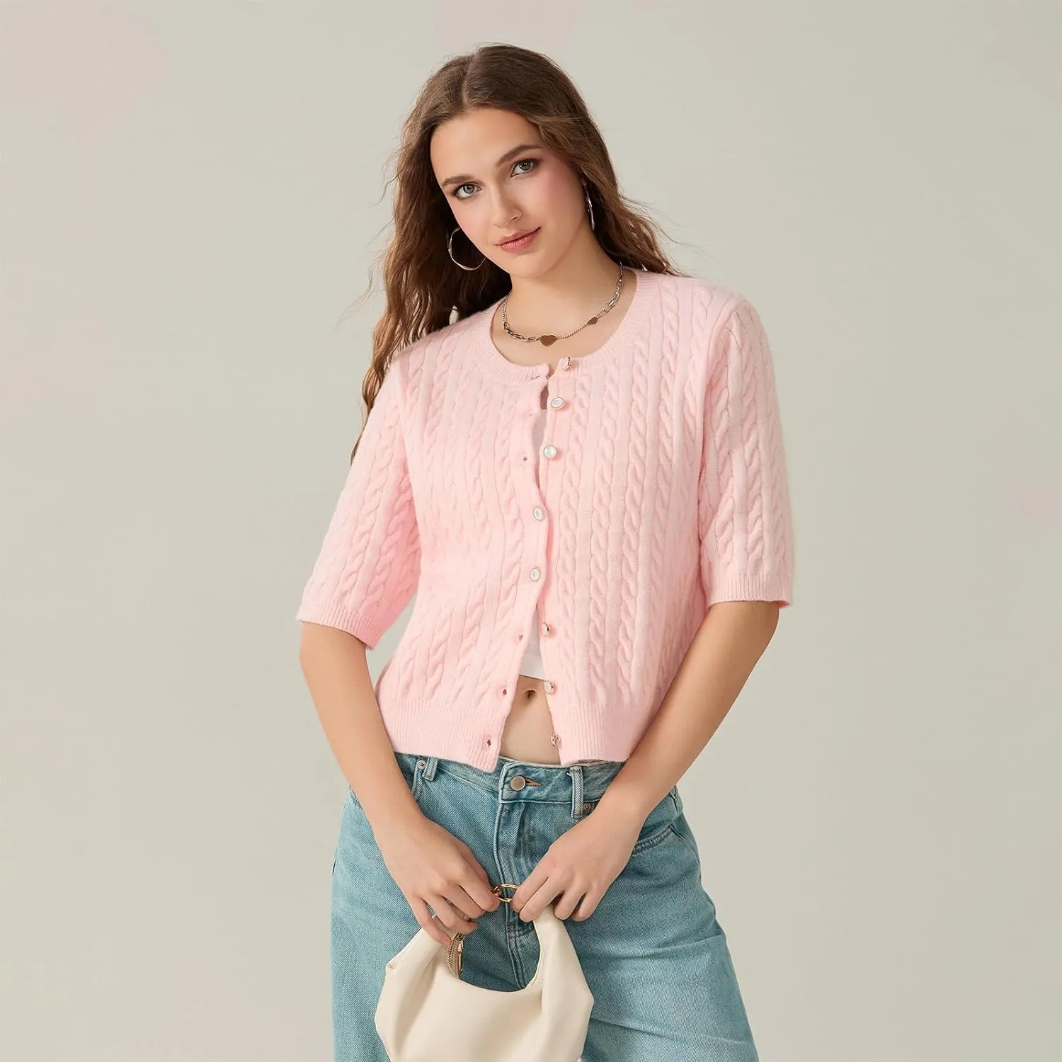 Cable Knit Short Sleeve Cardigans for Women Vintage Button Down Sweaters Casual Going Out Tops