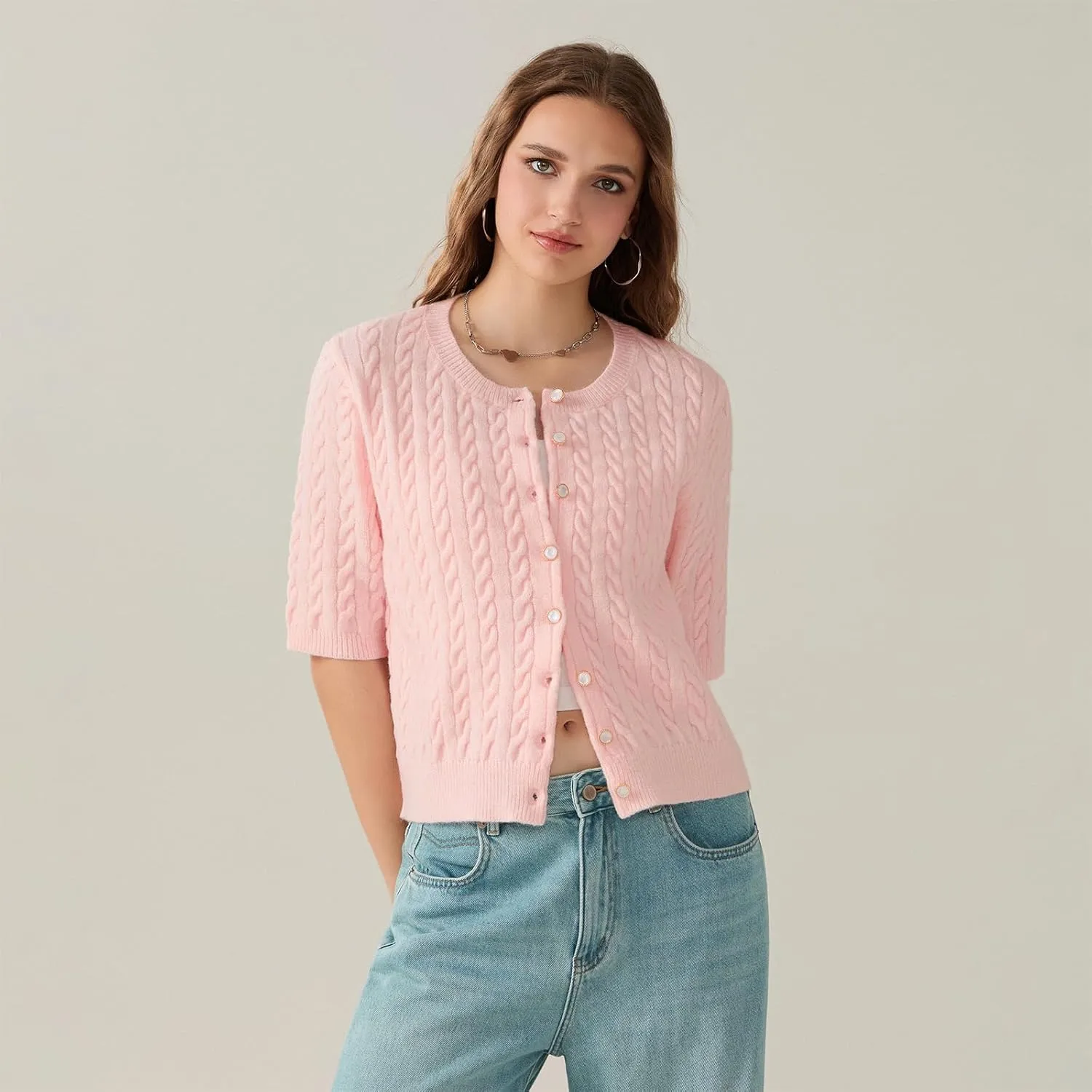 Cable Knit Short Sleeve Cardigans for Women Vintage Button Down Sweaters Casual Going Out Tops