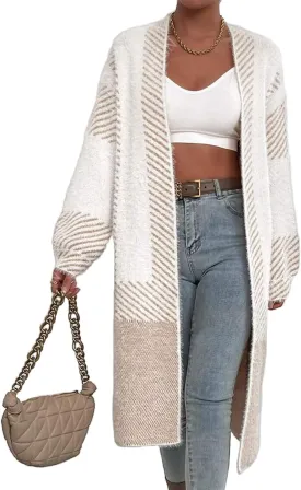 Cardigan Sweater for Women Color Block Striped Fuzzy Long Cardigan Open Front Oversized Diagonal Jacket Coat