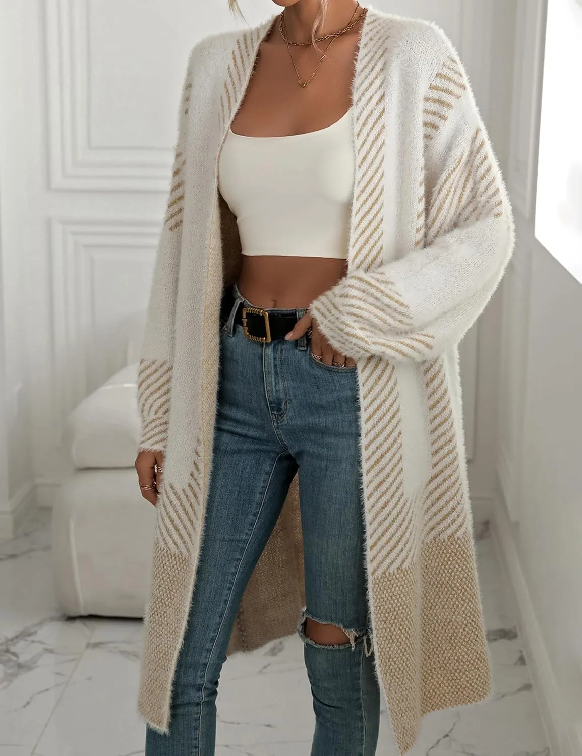 Cardigan Sweater for Women Color Block Striped Fuzzy Long Cardigan Open Front Oversized Diagonal Jacket Coat
