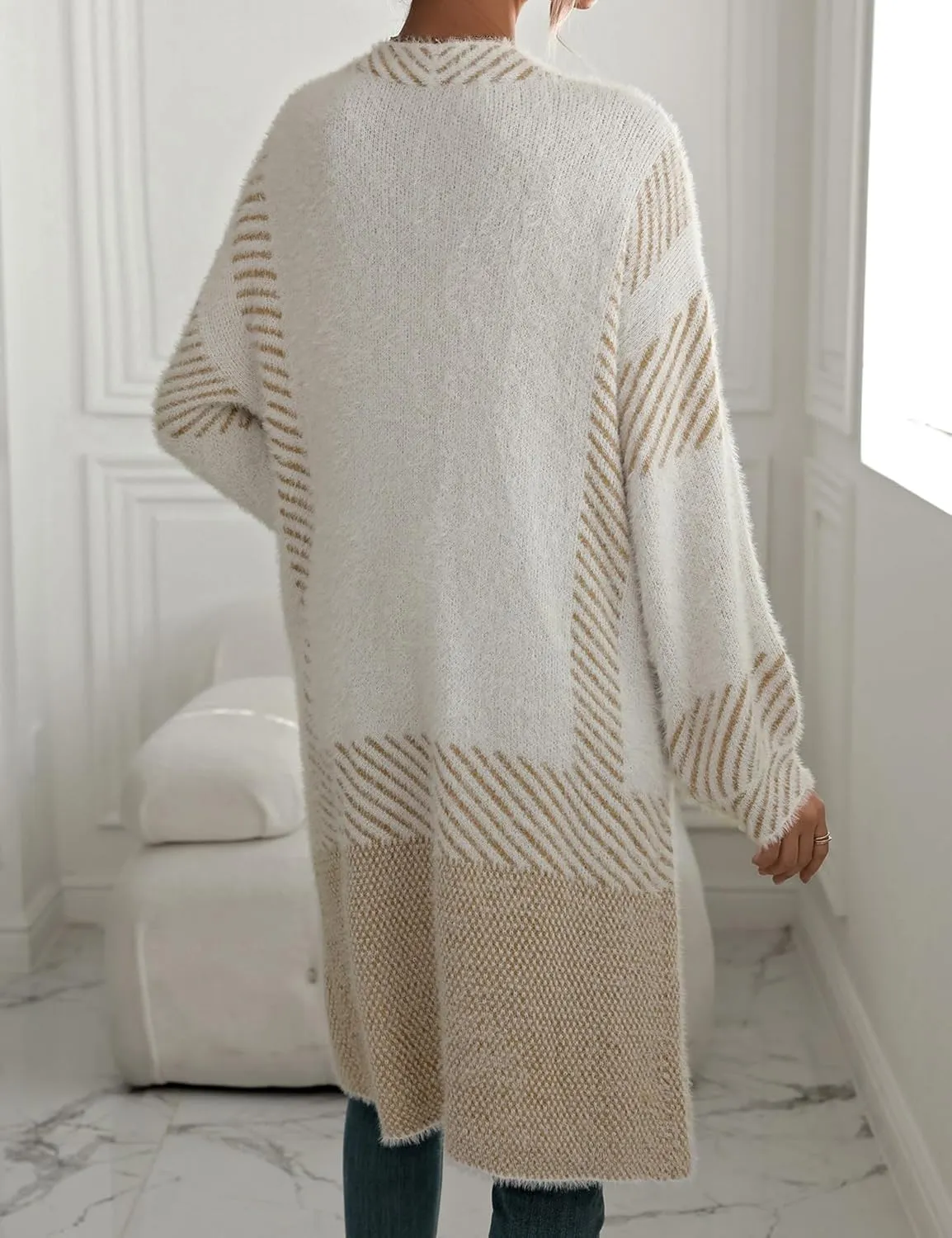 Cardigan Sweater for Women Color Block Striped Fuzzy Long Cardigan Open Front Oversized Diagonal Jacket Coat