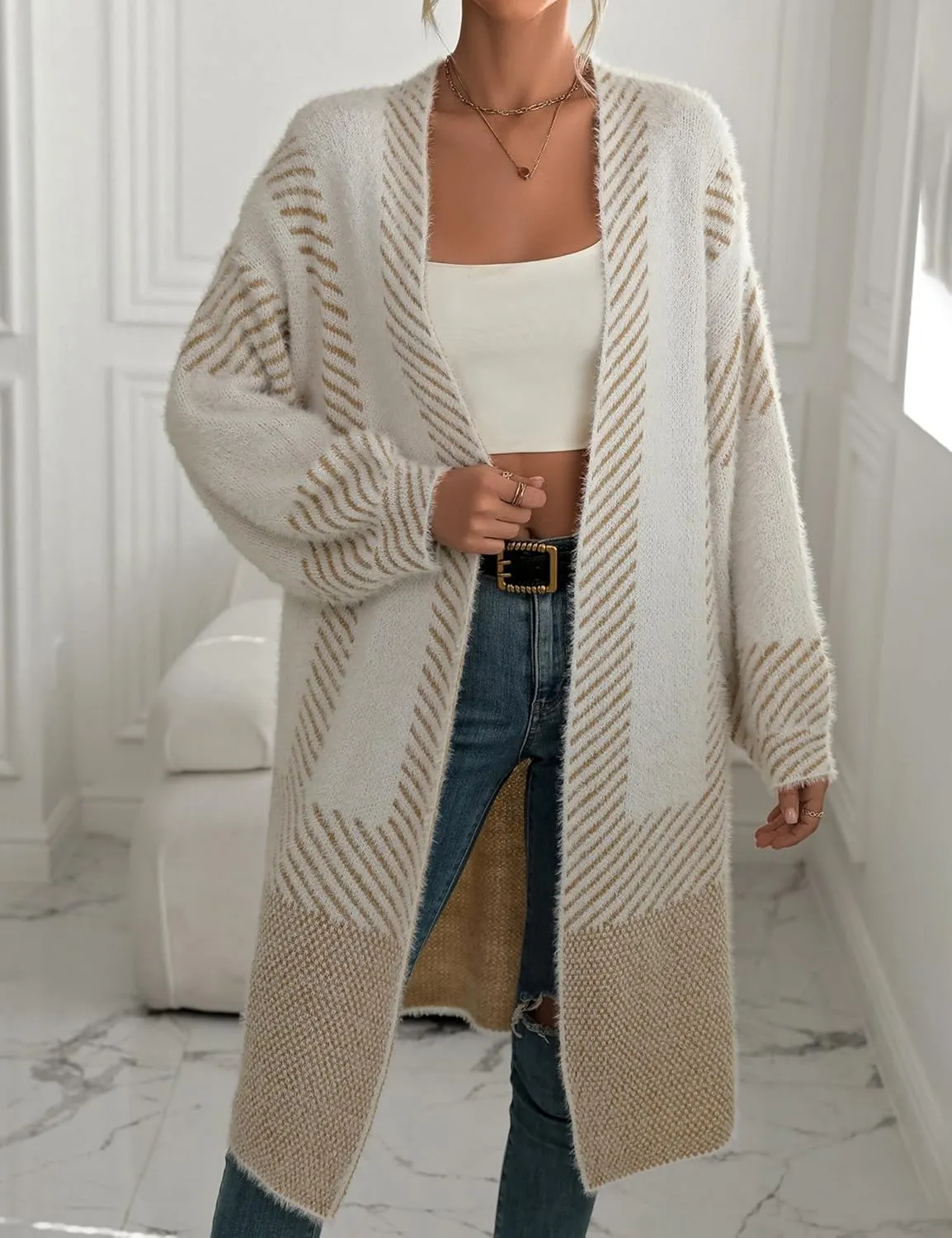Cardigan Sweater for Women Color Block Striped Fuzzy Long Cardigan Open Front Oversized Diagonal Jacket Coat