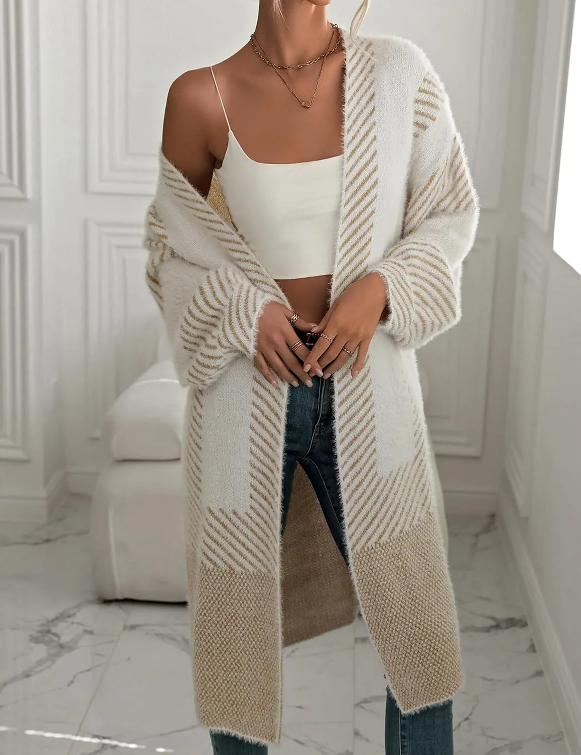 Cardigan Sweater for Women Color Block Striped Fuzzy Long Cardigan Open Front Oversized Diagonal Jacket Coat