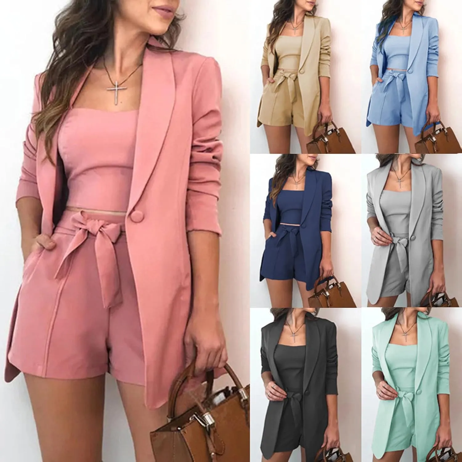 CHARTOU Women 3 Pieces Short Blazer Set Belted Shorts Suit Vest 1 Button Jacket Crop Top Business Casual Outfit