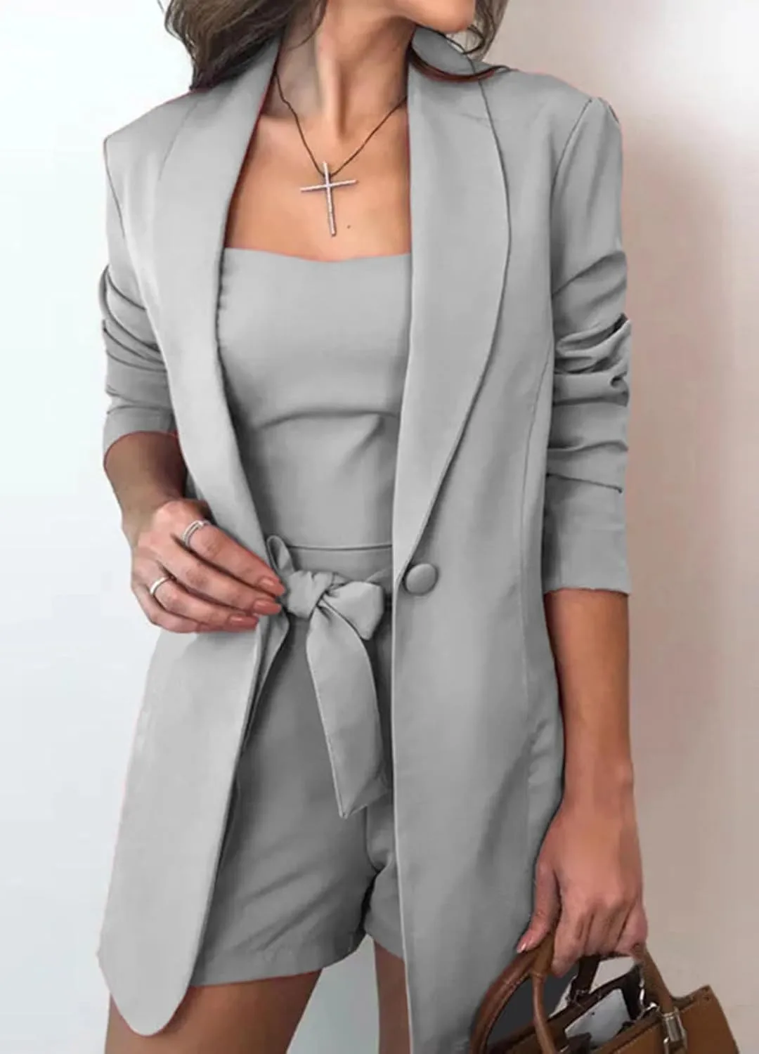 CHARTOU Women 3 Pieces Short Blazer Set Belted Shorts Suit Vest 1 Button Jacket Crop Top Business Casual Outfit