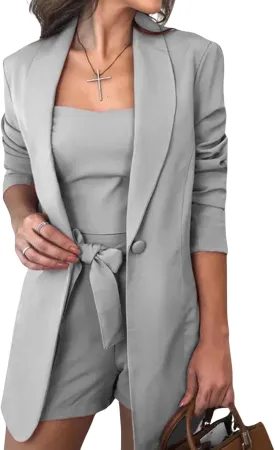 CHARTOU Women 3 Pieces Short Blazer Set Belted Shorts Suit Vest 1 Button Jacket Crop Top Business Casual Outfit