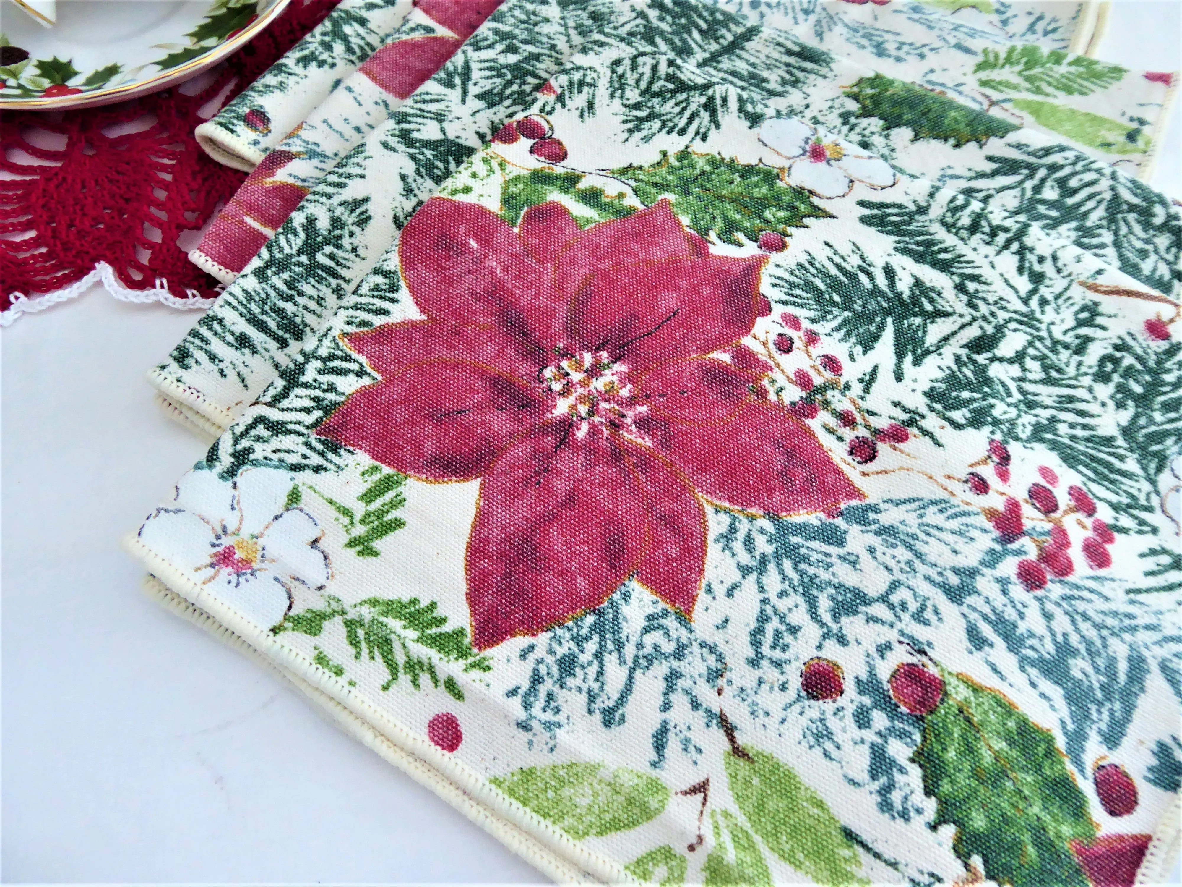 Christmas Napkins Set of 4 Poinsettias Holly Pine 16 Inch Napkins 1990s Holiday Tea Party