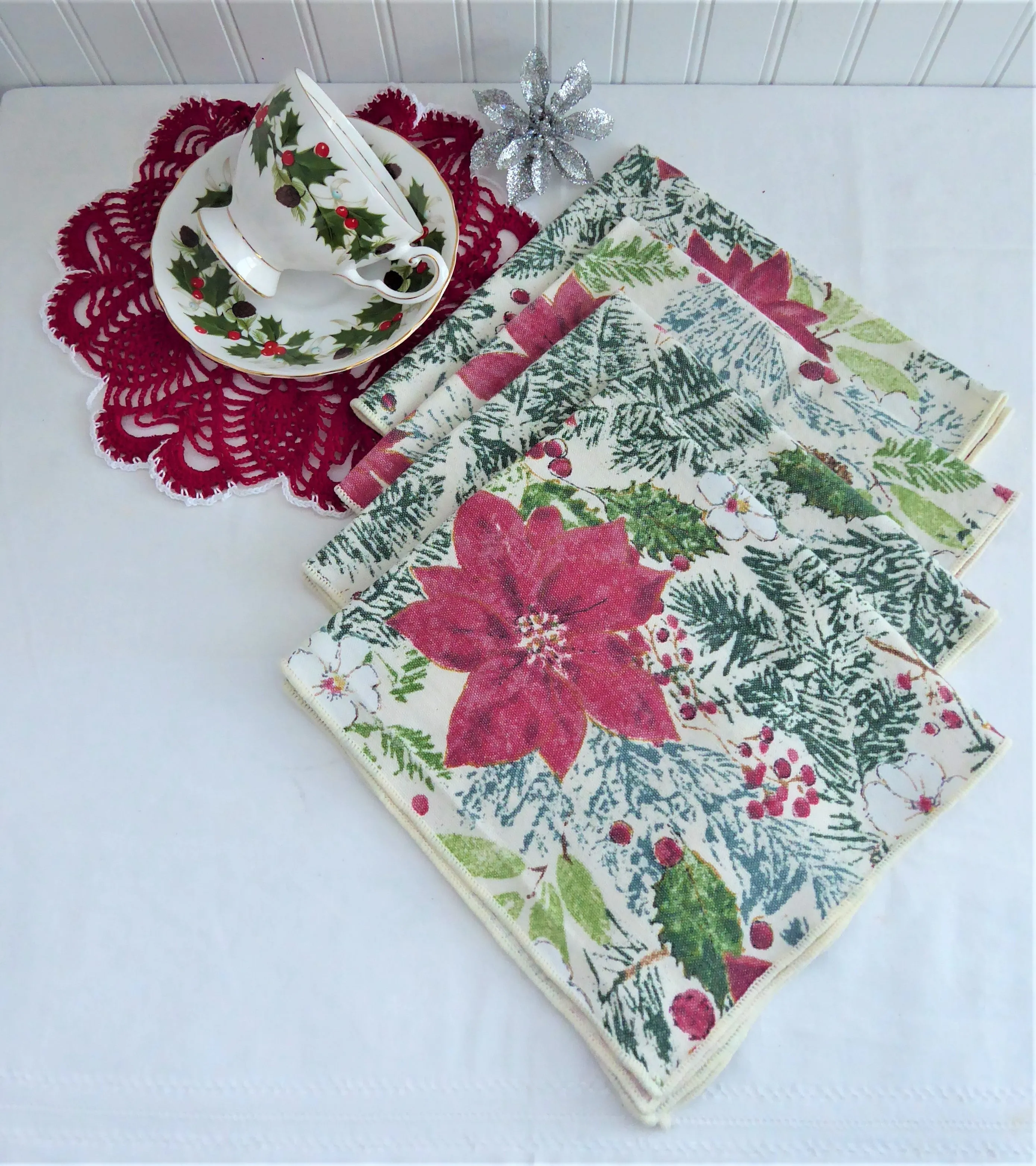 Christmas Napkins Set of 4 Poinsettias Holly Pine 16 Inch Napkins 1990s Holiday Tea Party