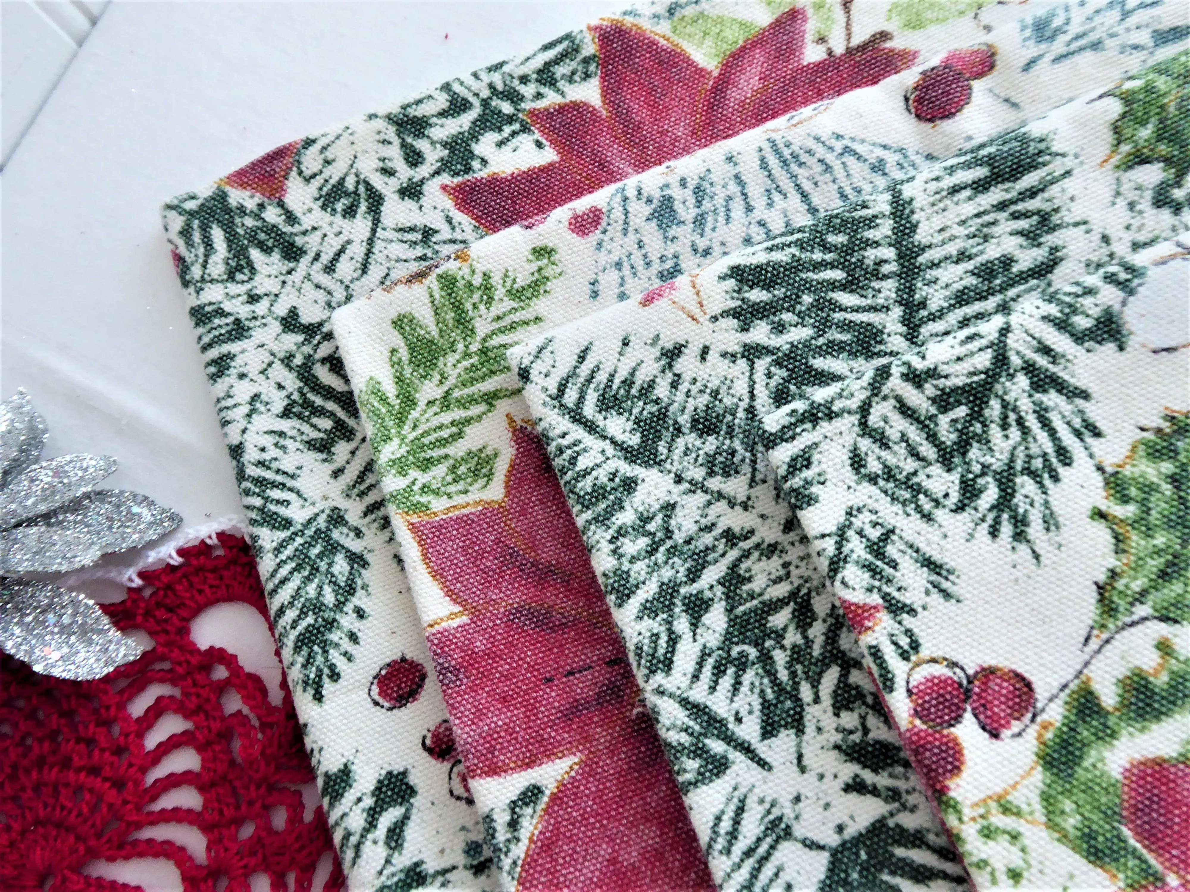 Christmas Napkins Set of 4 Poinsettias Holly Pine 16 Inch Napkins 1990s Holiday Tea Party
