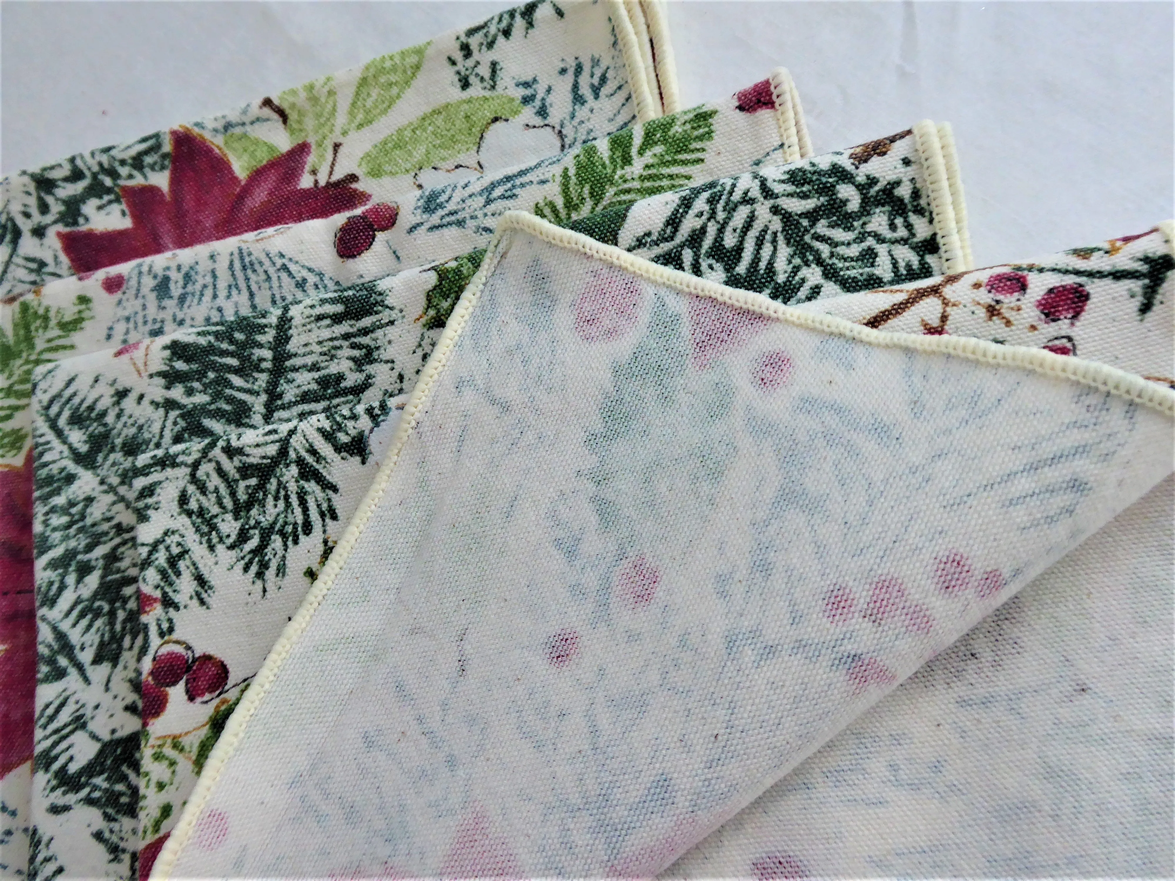 Christmas Napkins Set of 4 Poinsettias Holly Pine 16 Inch Napkins 1990s Holiday Tea Party