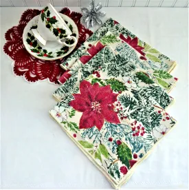 Christmas Napkins Set of 4 Poinsettias Holly Pine 16 Inch Napkins 1990s Holiday Tea Party