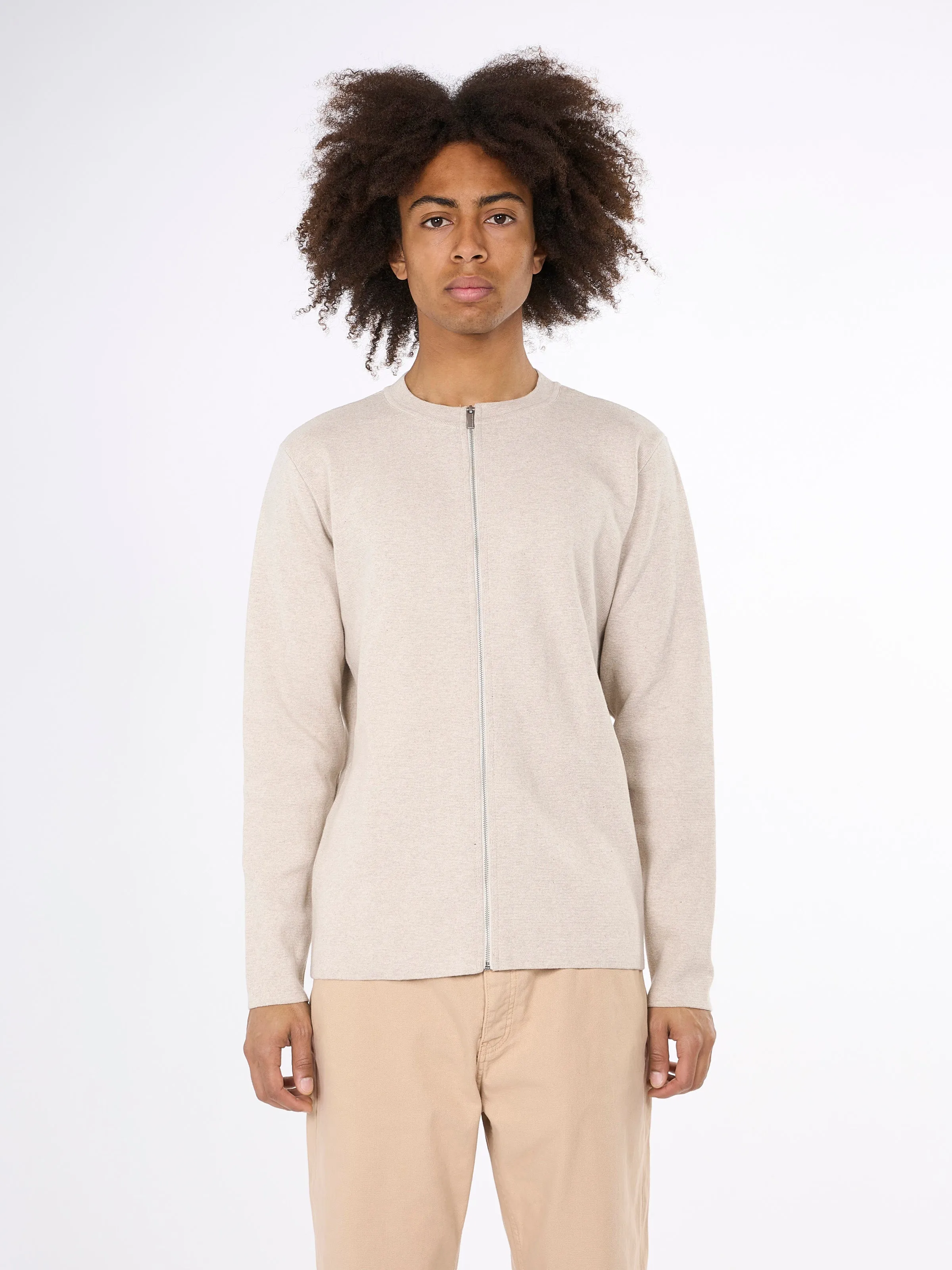 Cotton cardigan crew neck knit - - Nature Melange