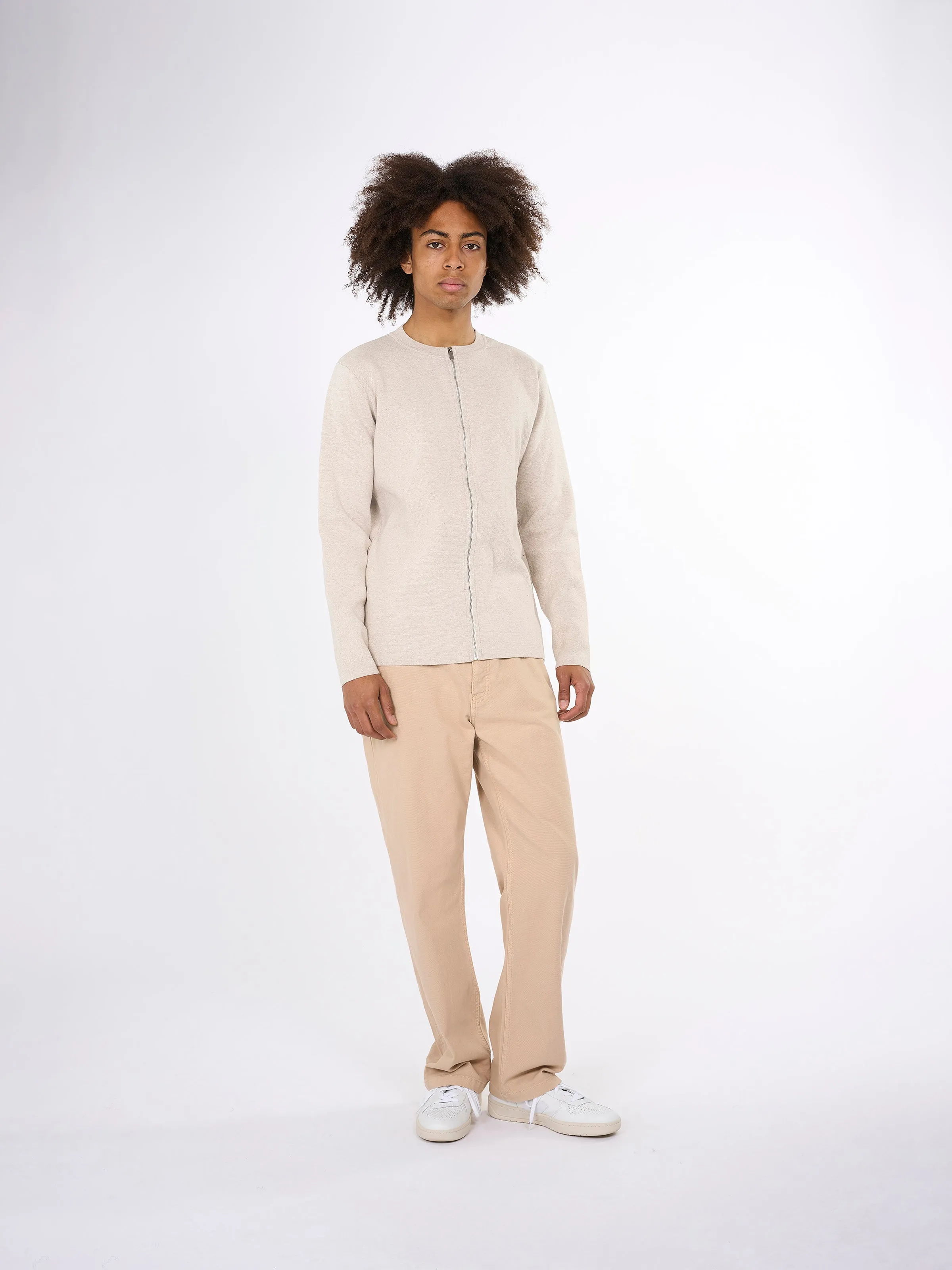Cotton cardigan crew neck knit - - Nature Melange