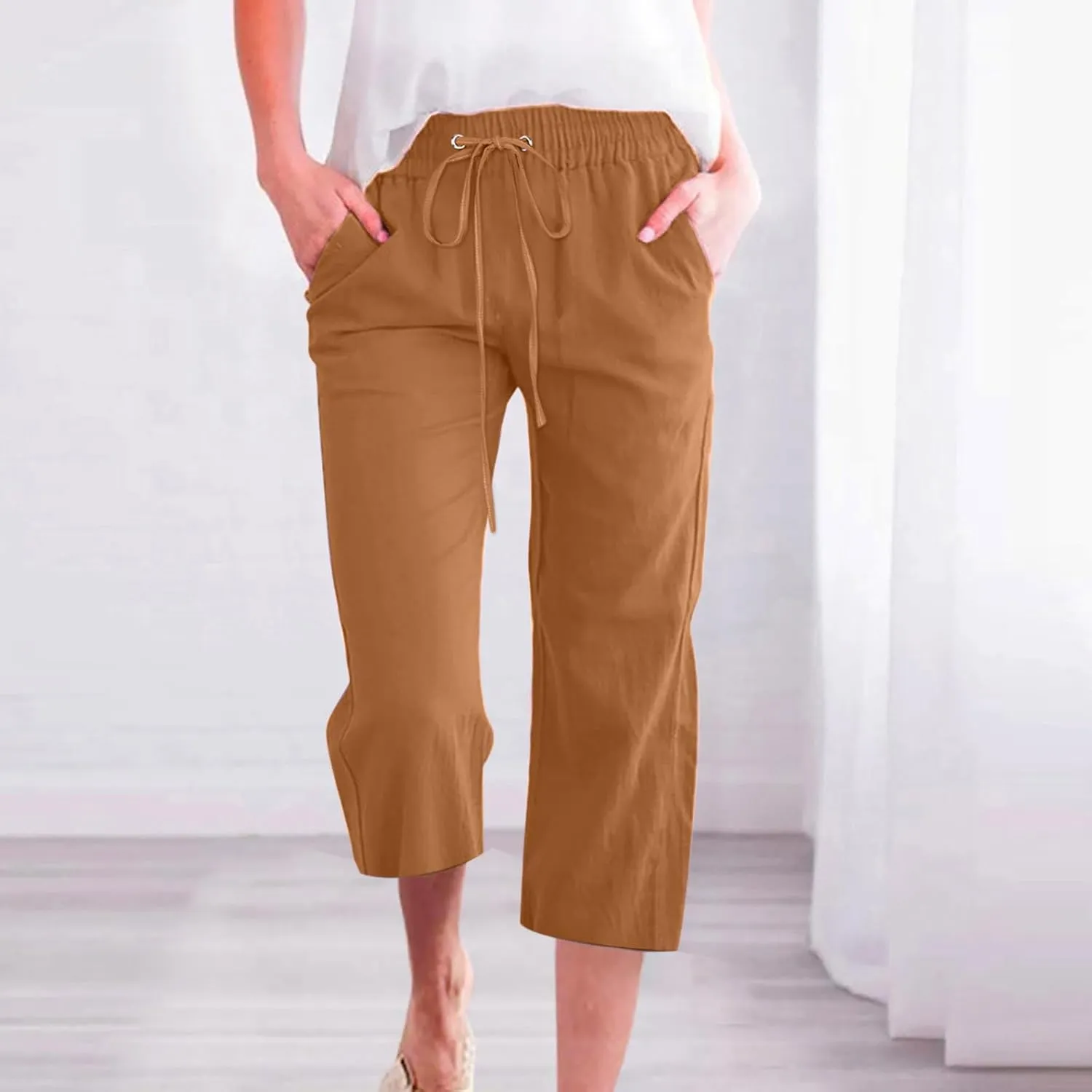 Cotton Linen Pants for Women Casual Baggy Wide Leg Pants Lightweight Drawstring Trousers Lounge Pants with Pockets