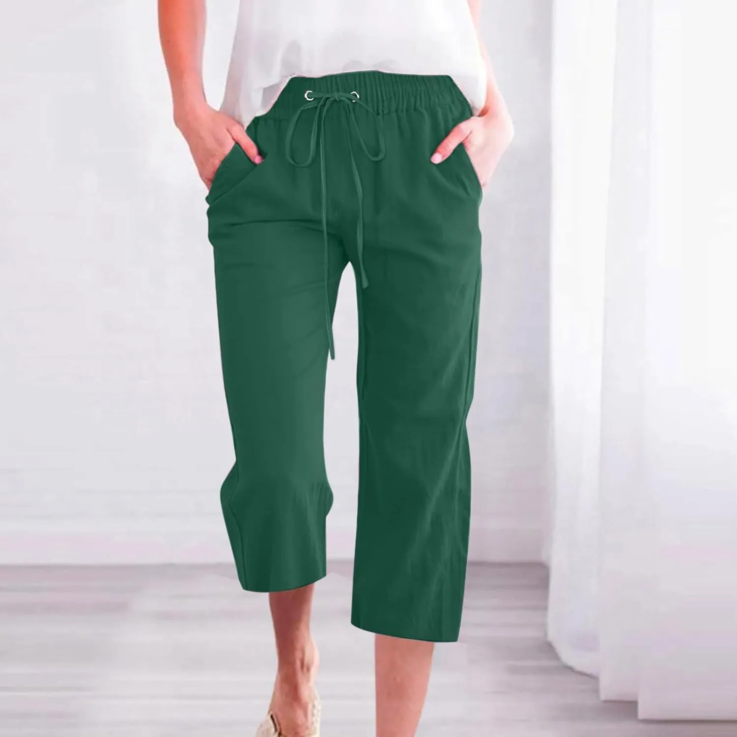 Cotton Linen Pants for Women Casual Baggy Wide Leg Pants Lightweight Drawstring Trousers Lounge Pants with Pockets