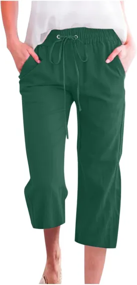 Cotton Linen Pants for Women Casual Baggy Wide Leg Pants Lightweight Drawstring Trousers Lounge Pants with Pockets