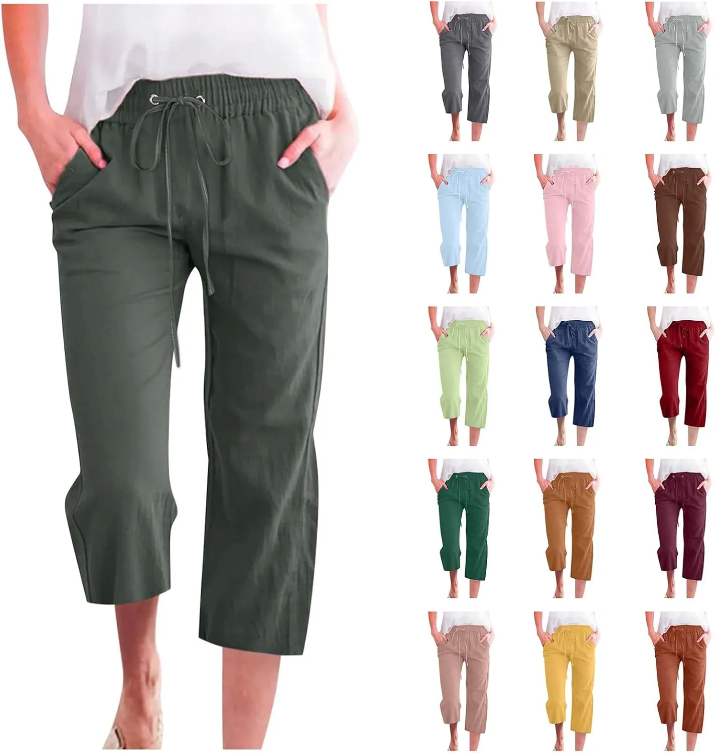 Cotton Linen Pants for Women Casual Baggy Wide Leg Pants Lightweight Drawstring Trousers Lounge Pants with Pockets