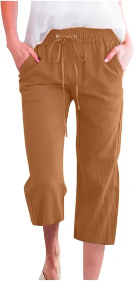 Cotton Linen Pants for Women Casual Baggy Wide Leg Pants Lightweight Drawstring Trousers Lounge Pants with Pockets
