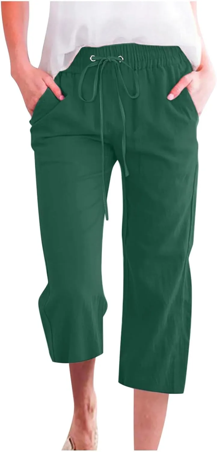 Cotton Linen Pants for Women Casual Baggy Wide Leg Pants Lightweight Drawstring Trousers Lounge Pants with Pockets