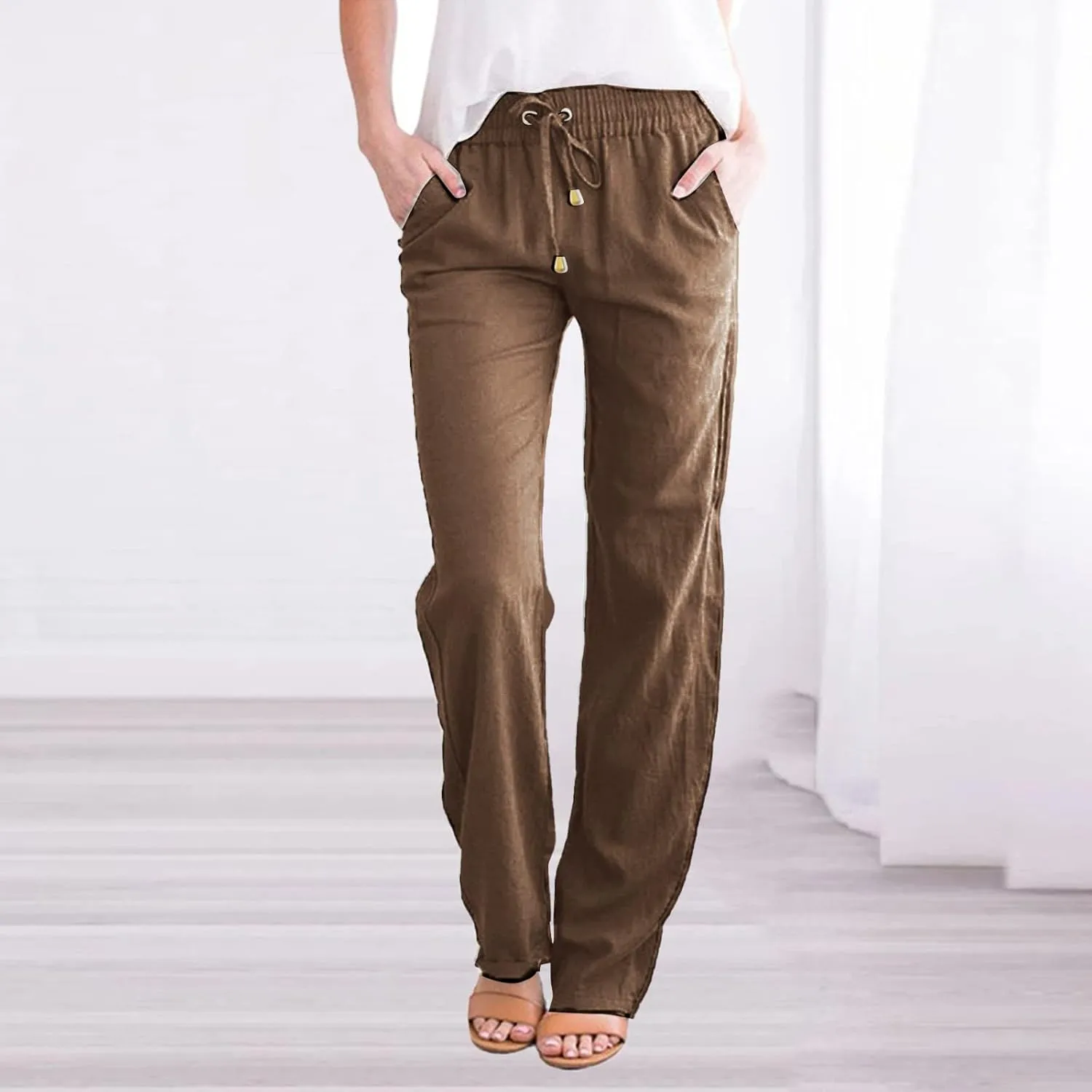 Cotton Linen Pants for Women Printed Capri Pant Plus Size Wide Leg Sweatpants Summer Cropped Elastic Waist Trousers