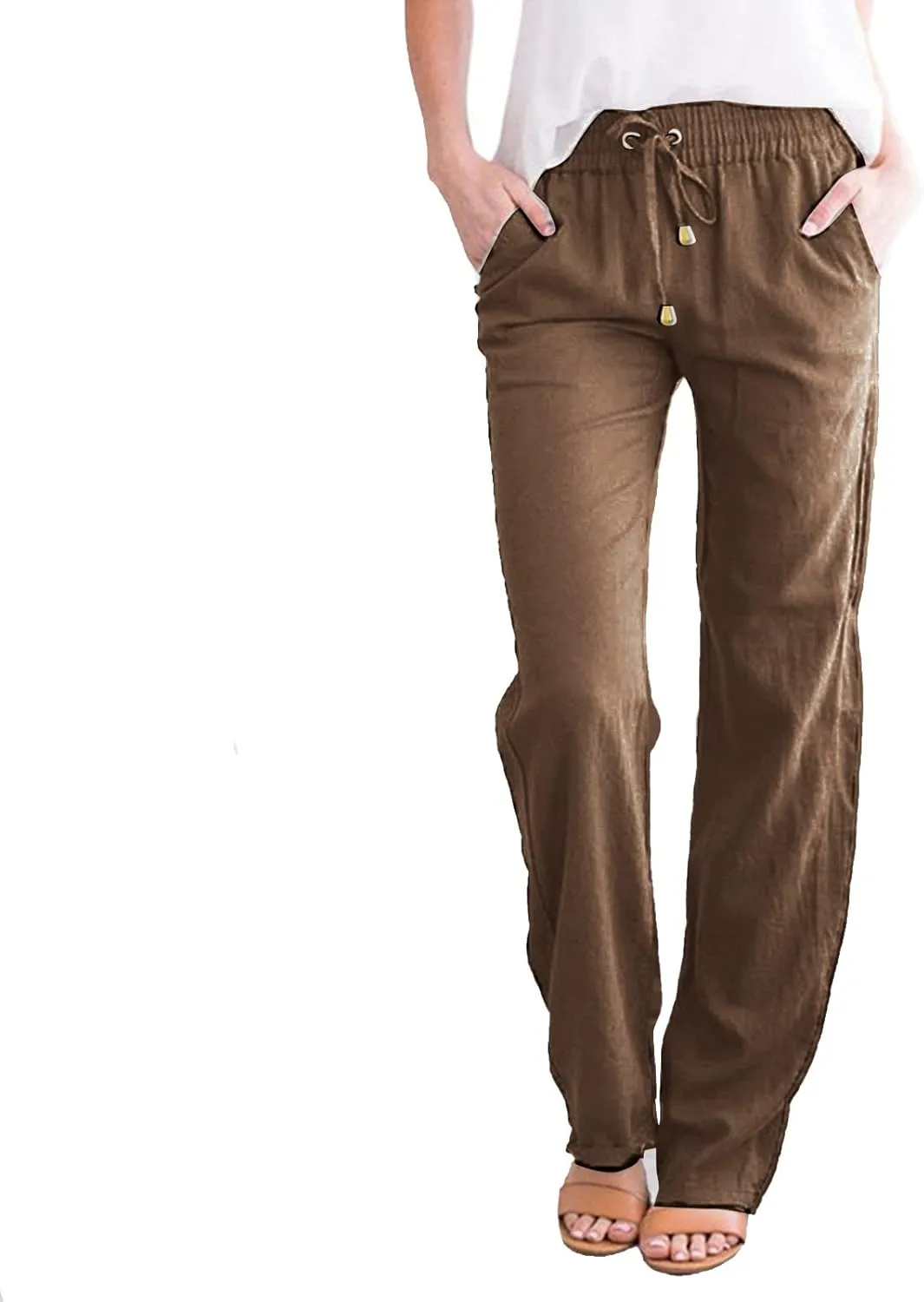 Cotton Linen Pants for Women Printed Capri Pant Plus Size Wide Leg Sweatpants Summer Cropped Elastic Waist Trousers