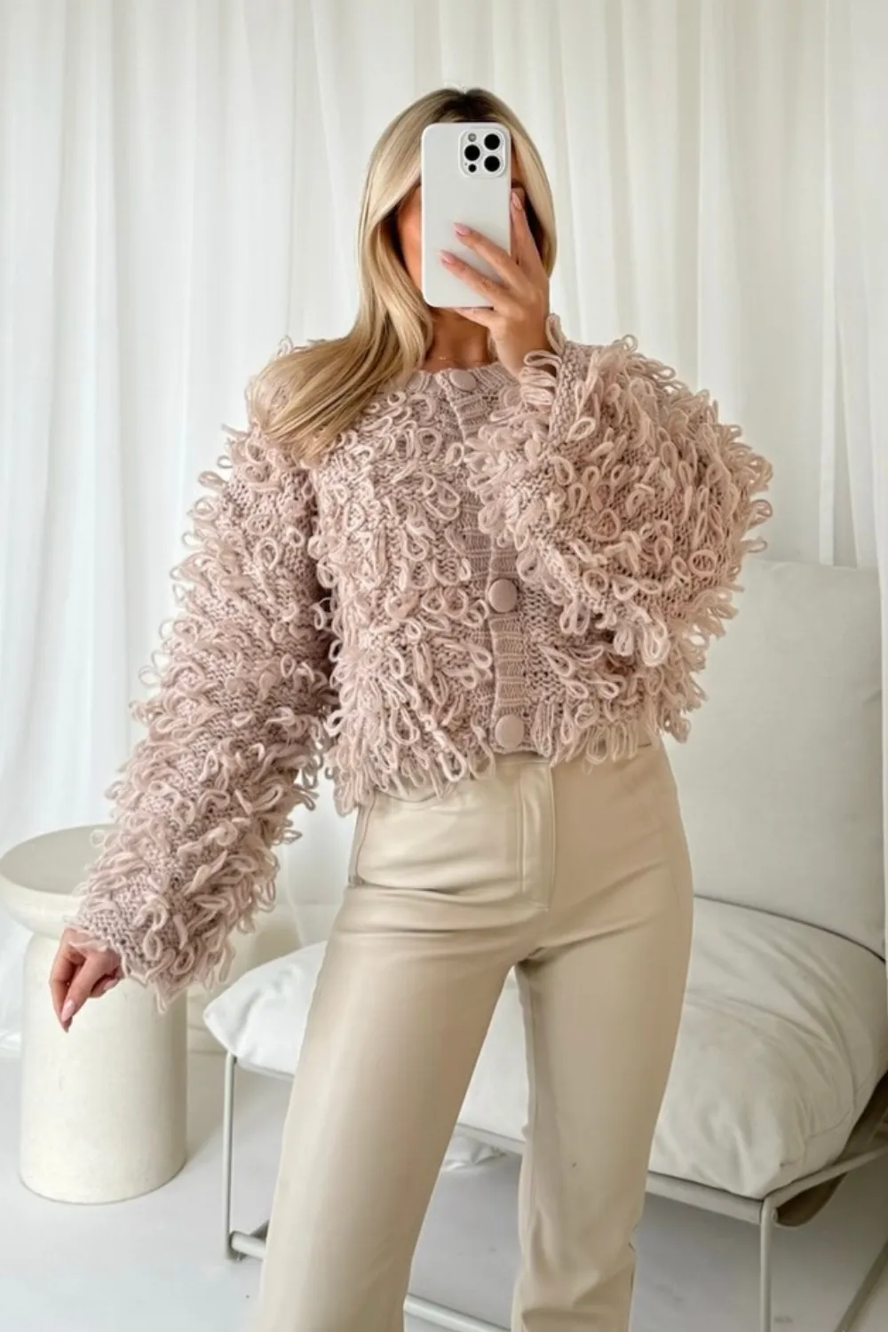 Daisy beige shaggy knit cardigan