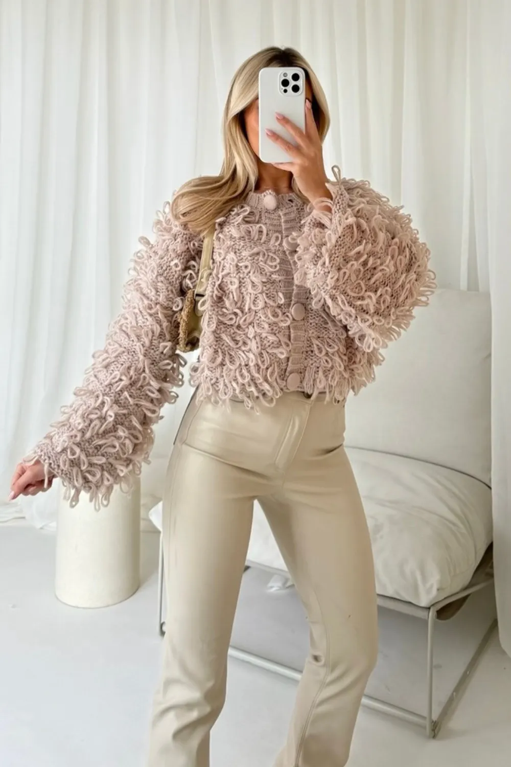 Daisy beige shaggy knit cardigan