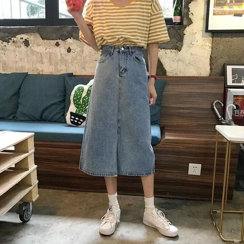 Denim Midi Skirt With Hem Split
