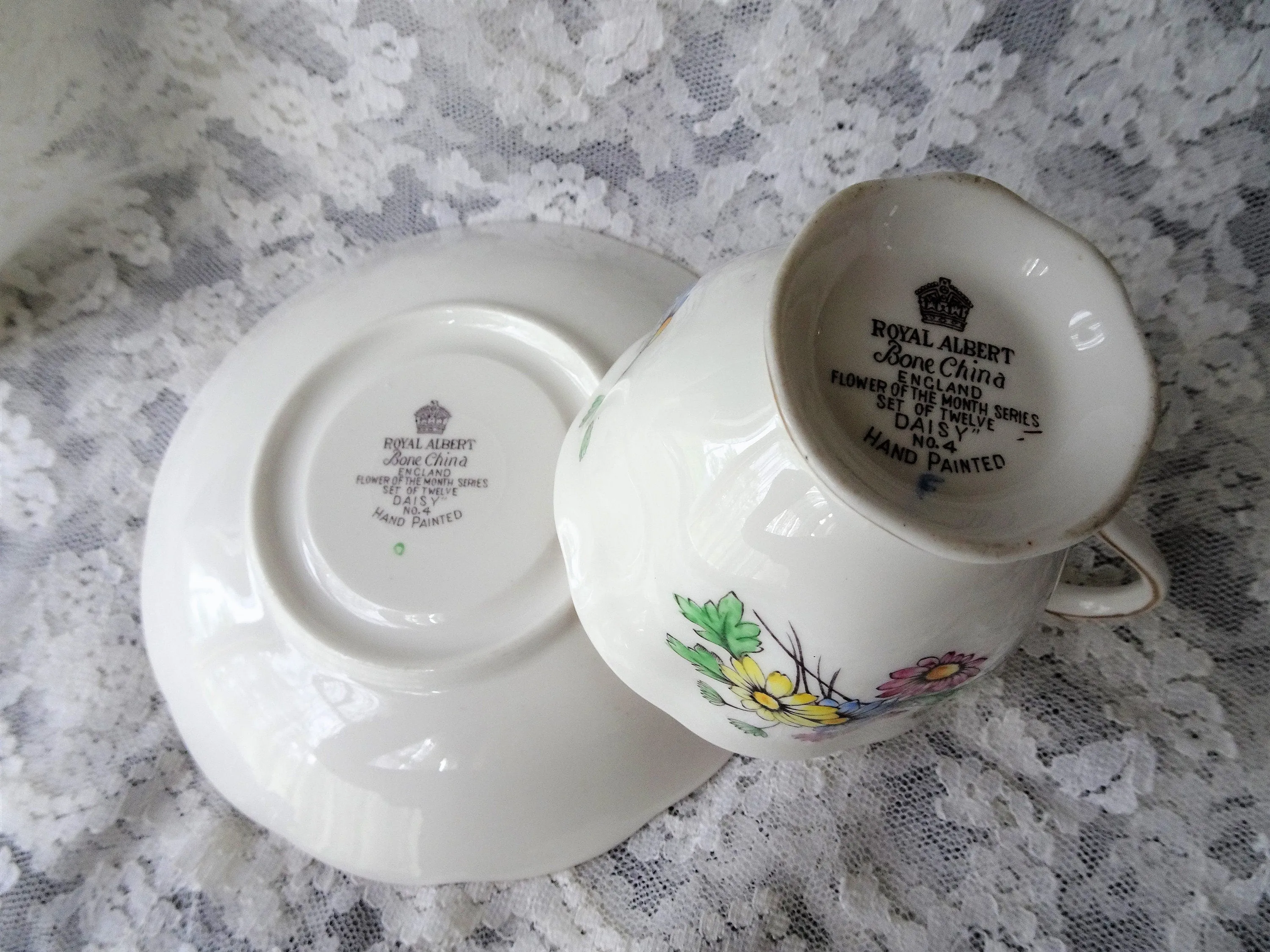 ENGLISH Bone China Teacup and Saucer, Royal Albert, Flower of The Month Daisy ,Hand Painted Cup and Saucer Set, Collectible Vintage Teacups