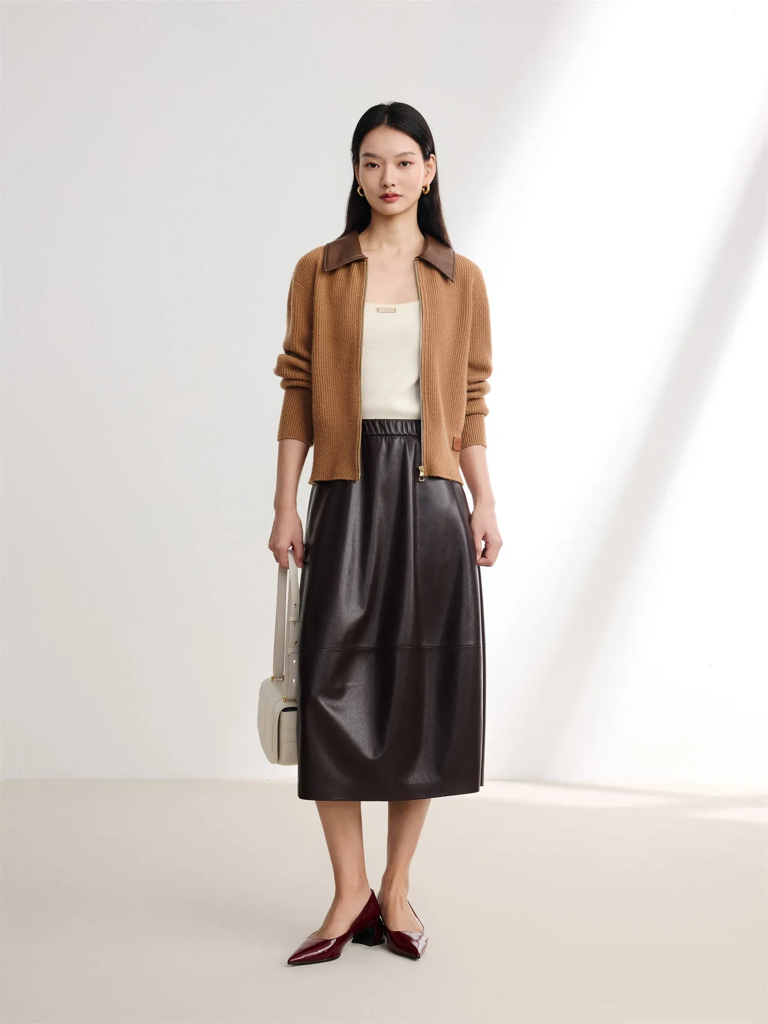EP YAYING Cashmere Leather Collar Knitted Sweater